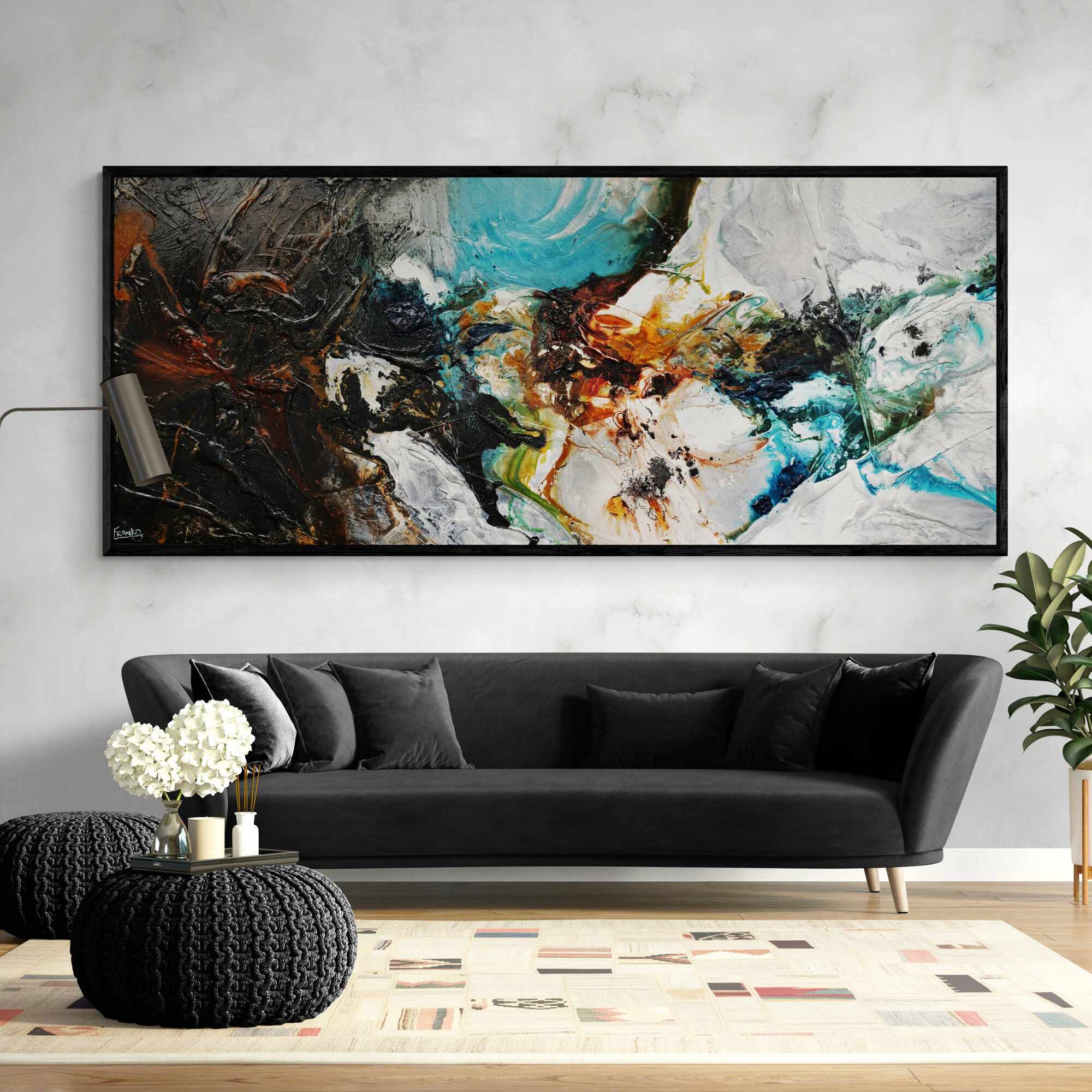 Natural Potion 240cm x 100cm Black White Teal Textured Abstract Painting (SOLD)-Abstract-[Franko]-[Australian]-[Popular]-[Best Selling]-Franklin Art Studio