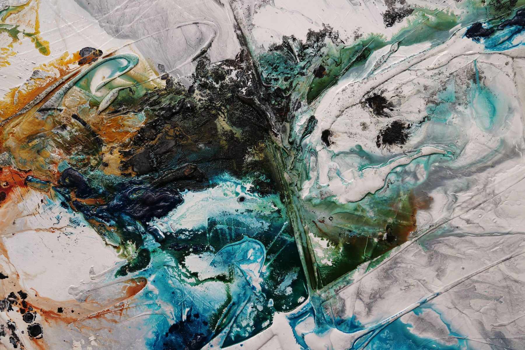 Natural Potion 240cm x 100cm Black White Teal Textured Abstract Painting (SOLD)