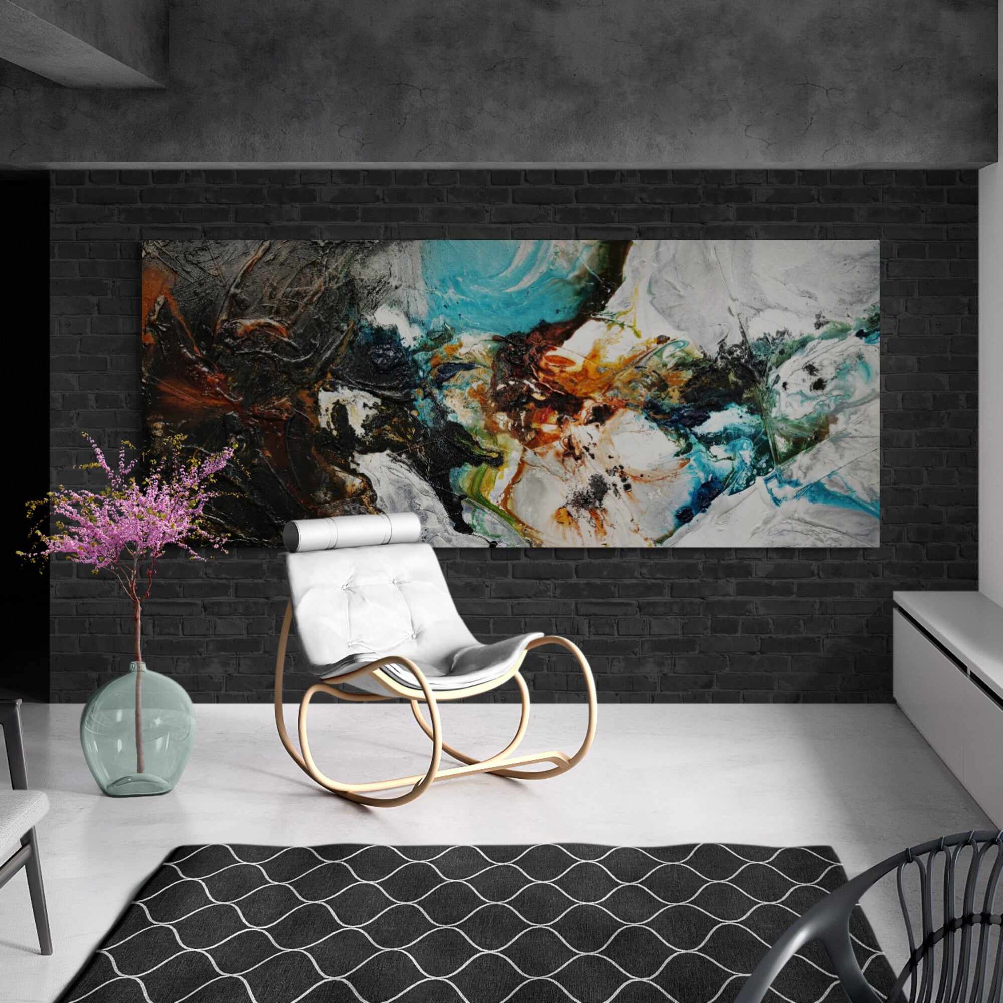 Natural Potion 240cm x 100cm Black White Teal Textured Abstract Painting (SOLD)-Abstract-[Franko]-[Artist]-[Australia]-[Painting]-Franklin Art Studio