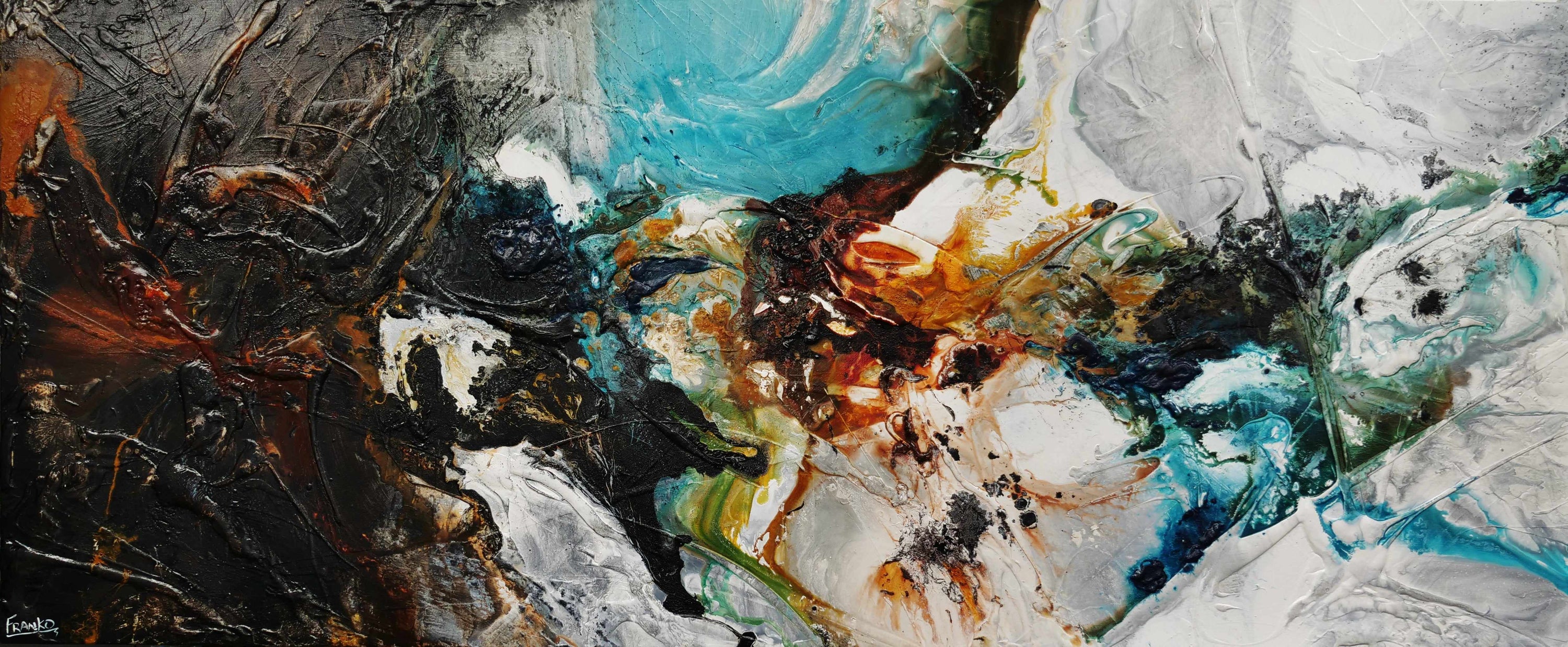Natural Potion 240cm x 100cm Black White Teal Textured Abstract Painting (SOLD)-Abstract-[Franko_Artist]-[Australian_artist]-[Gold_Coast]-[Brisbane]-[modern]-[contemporary]-[original]-[Large_artwork]-Franklin Art Studio