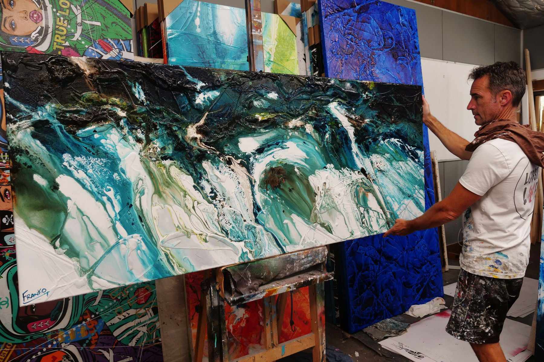 Natural Teals 200cm x 80cm Teal Textured Abstract Painting (SOLD)-Abstract-[Franko_Artist]-[The_Block]-[Dream_Homes]-[ideas]- [Grand_Designs]-Franklin Art Studio