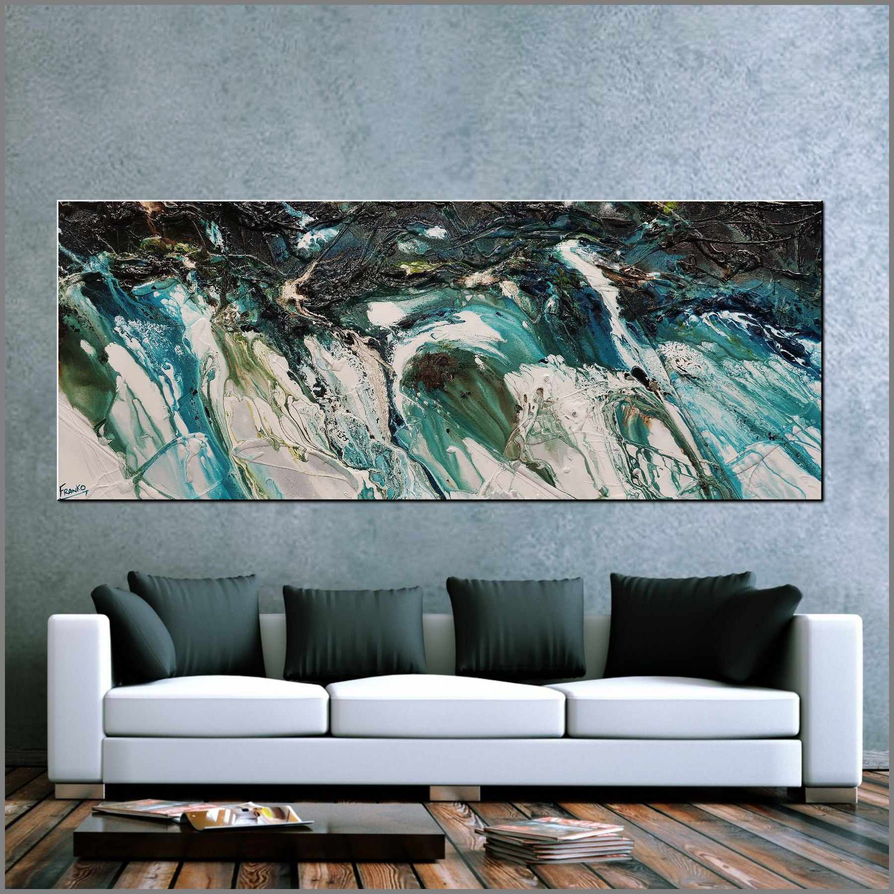 Natural Teals 200cm x 80cm Teal Textured Abstract Painting (SOLD)-Abstract-[Franko_Artist]-[Australian_artist]-[Gold_Coast]-[Brisbane]-[modern]-[contemporary]-[original]-[Large_artwork]-[The_Block]-[Dream_Homes]-[ideas]-[Grand_Designs]-[Art_Lover]-Franklin Art Studio