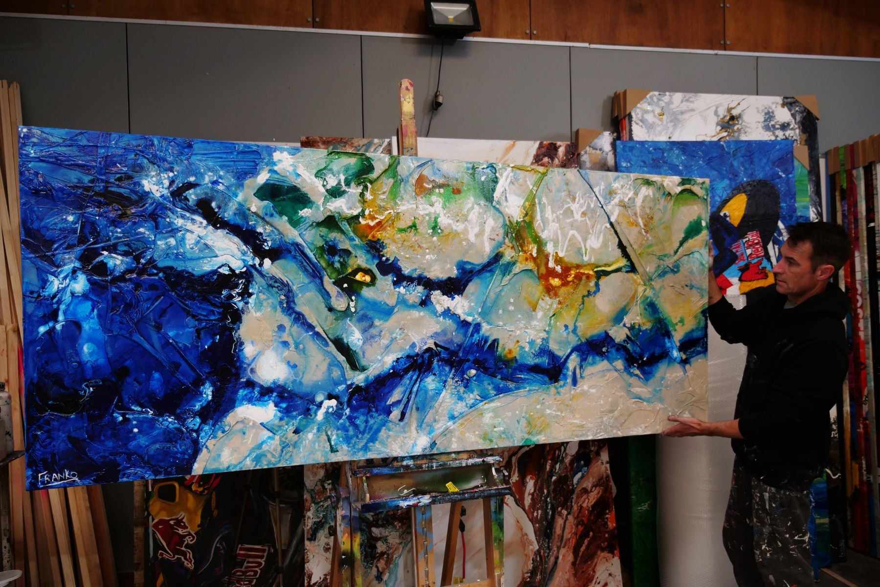 Natures Bloom 240cm x 100cm Blue Grey Green Textured Abstract Painting (SOLD)-Abstract-[Franko_Artist]-[The_Block]-[Dream_Homes]-[ideas]-[Grand_Designs]-[Art_Lover]-Franklin Art Studio