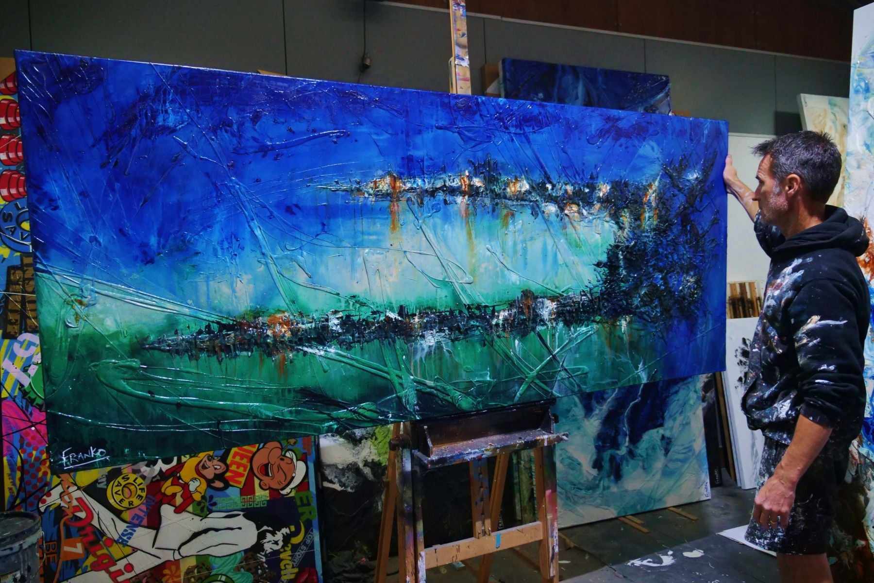 Natures Calling 240cm x 100cm Blue Green Textured Abstract Painting (SOLD)-Abstract-[Franko_Artist]-[The_Block]-[Dream_Homes]-[ideas]- [Grand_Designs]-Franklin Art Studio