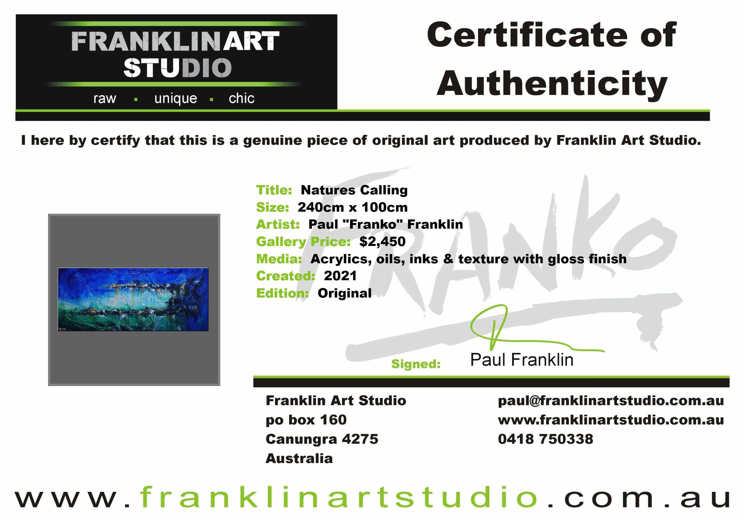 Natures Calling 240cm x 100cm Blue Green Textured Abstract Painting (SOLD)-Abstract-[Franko_Artist]-[The_Block]-[Dream_Homes]-[ideas]-[Grand_Designs]-[Art_Lover]-Franklin Art Studio