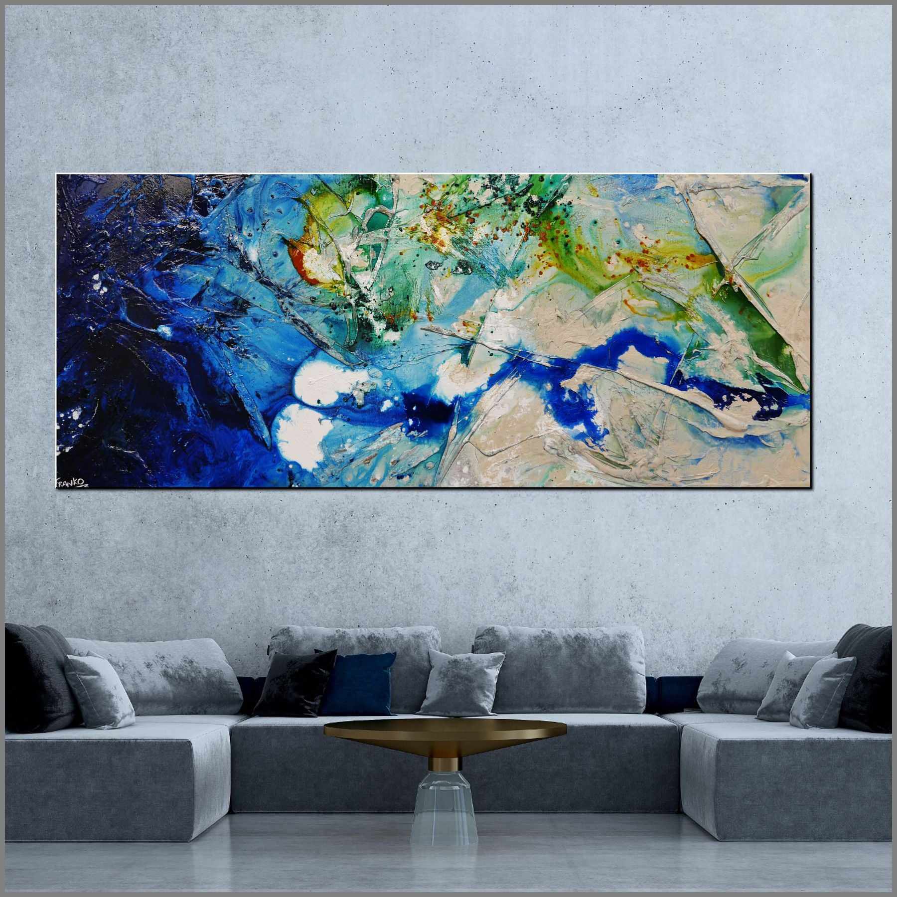Natures Class 240cm x 100cm Blue White Green Textured Abstract Painting (SOLD)-Abstract-[Franko_Artist]-[The_Block]-[Dream_Homes]-[ideas]- [Grand_Designs]-Franklin Art Studio
