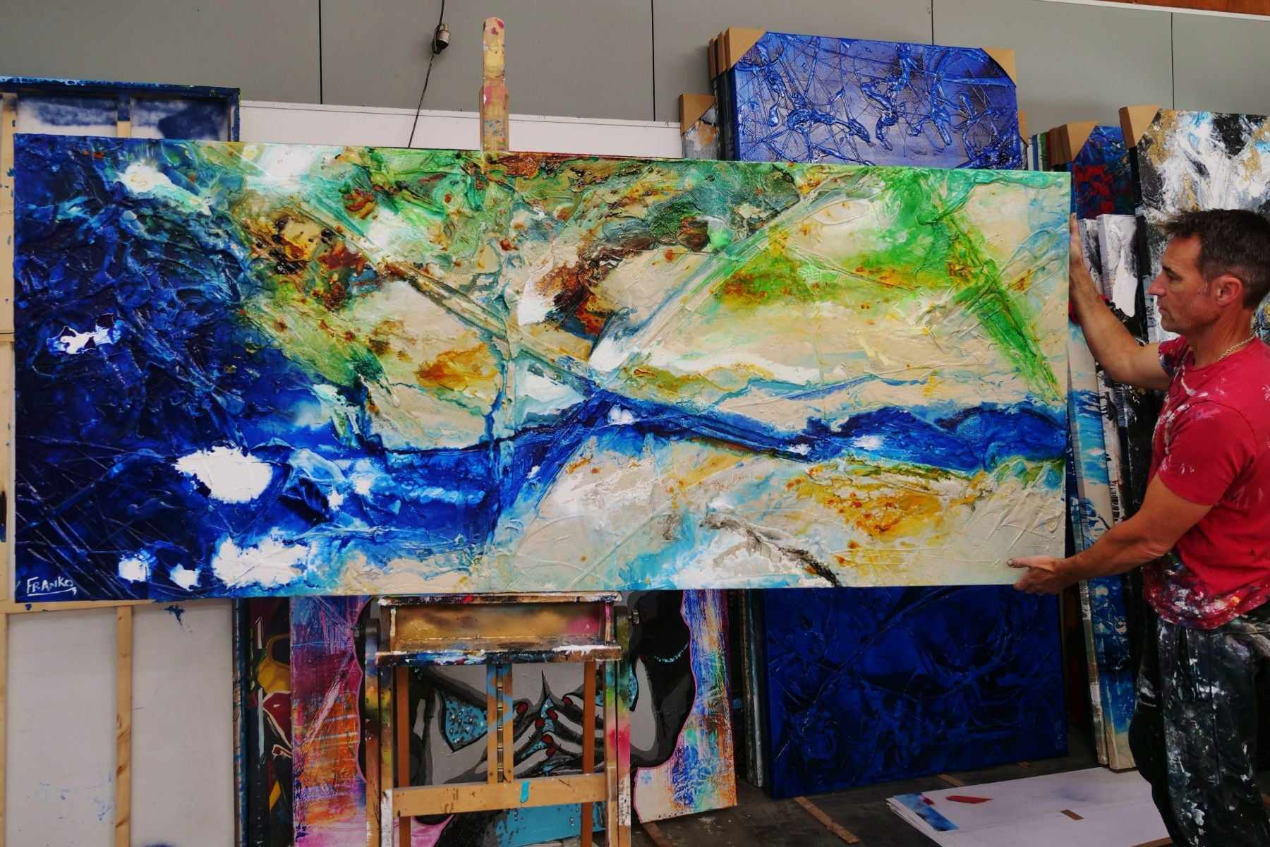 Natures Essence 240cm x 100cm Blue Cream Green Textured Abstract Painting (SOLD)-Abstract-[Franko_Artist]-[The_Block]-[Dream_Homes]-[ideas]- [Grand_Designs]-Franklin Art Studio