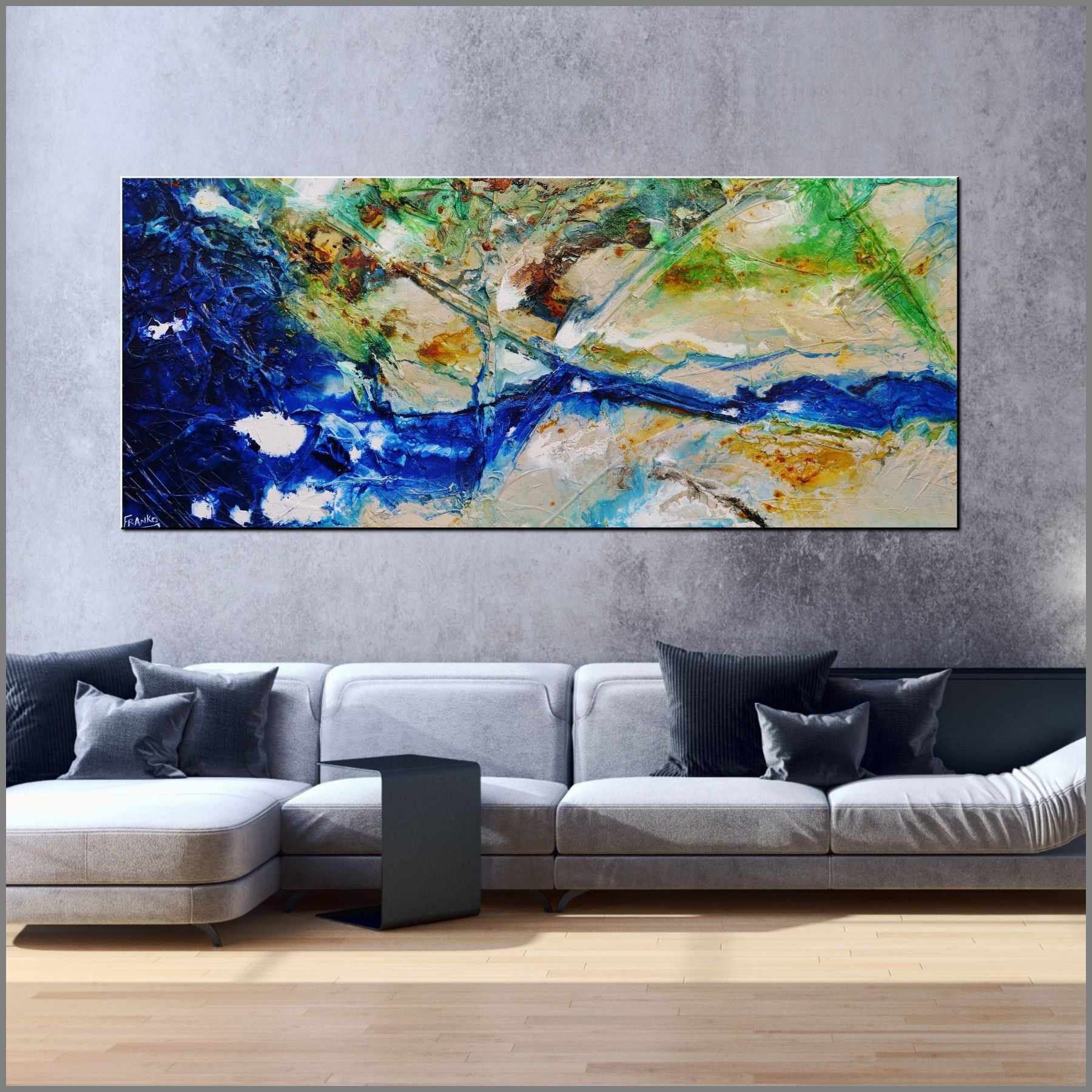 Natures Essence 240cm x 100cm Blue Cream Green Textured Abstract Painting (SOLD)-Abstract-[Franko_Artist]-[Australian_artist]-[Gold_Coast]-[Brisbane]-[modern]-[contemporary]-[original]-[Large_artwork]-[The_Block]-[Dream_Homes]-[ideas]-[Grand_Designs]-[Art_Lover]-Franklin Art Studio