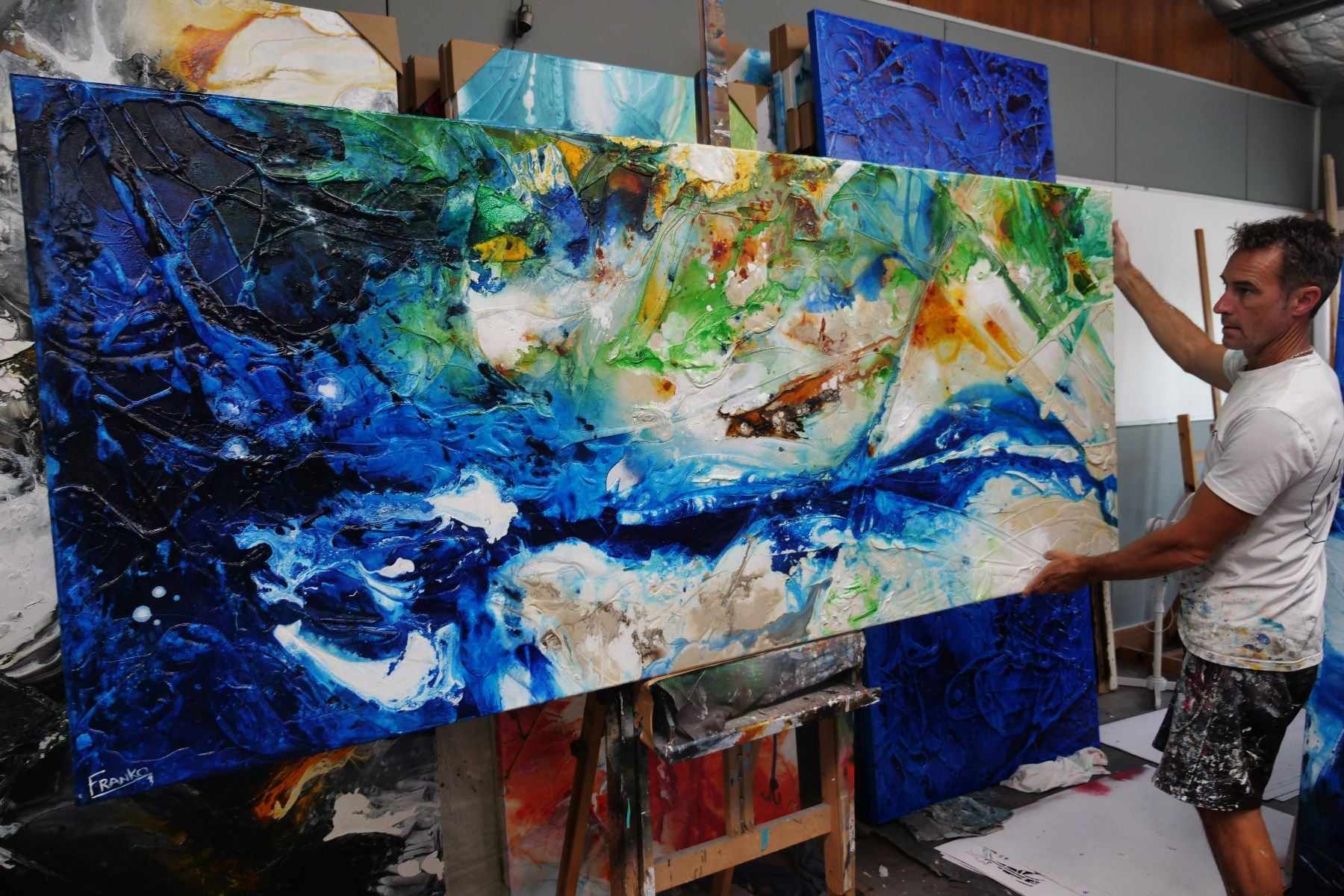 Natures Sugar 240cm x 100cm Green Cream Blue Textured Abstract Painting (SOLD)-Abstract-[Franko_Artist]-[The_Block]-[Dream_Homes]-[ideas]- [Grand_Designs]-Franklin Art Studio
