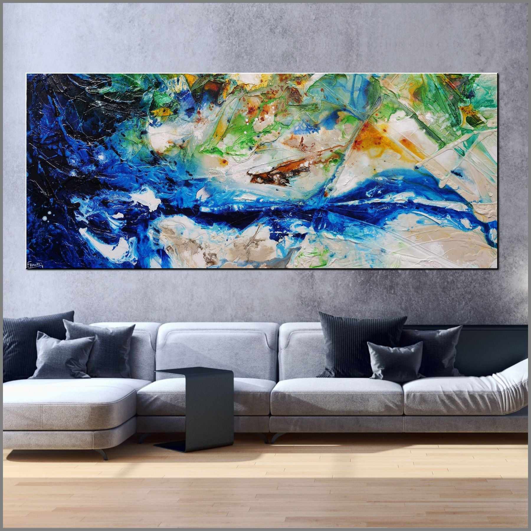 Natures Sugar 240cm x 100cm Green Cream Blue Textured Abstract Painting (SOLD)-Abstract-[Franko_Artist]-[Australian_artist]-[Gold_Coast]-[Brisbane]-[modern]-[contemporary]-[original]-[Large_artwork]-[The_Block]-[Dream_Homes]-[ideas]-[Grand_Designs]-[Art_Lover]-Franklin Art Studio