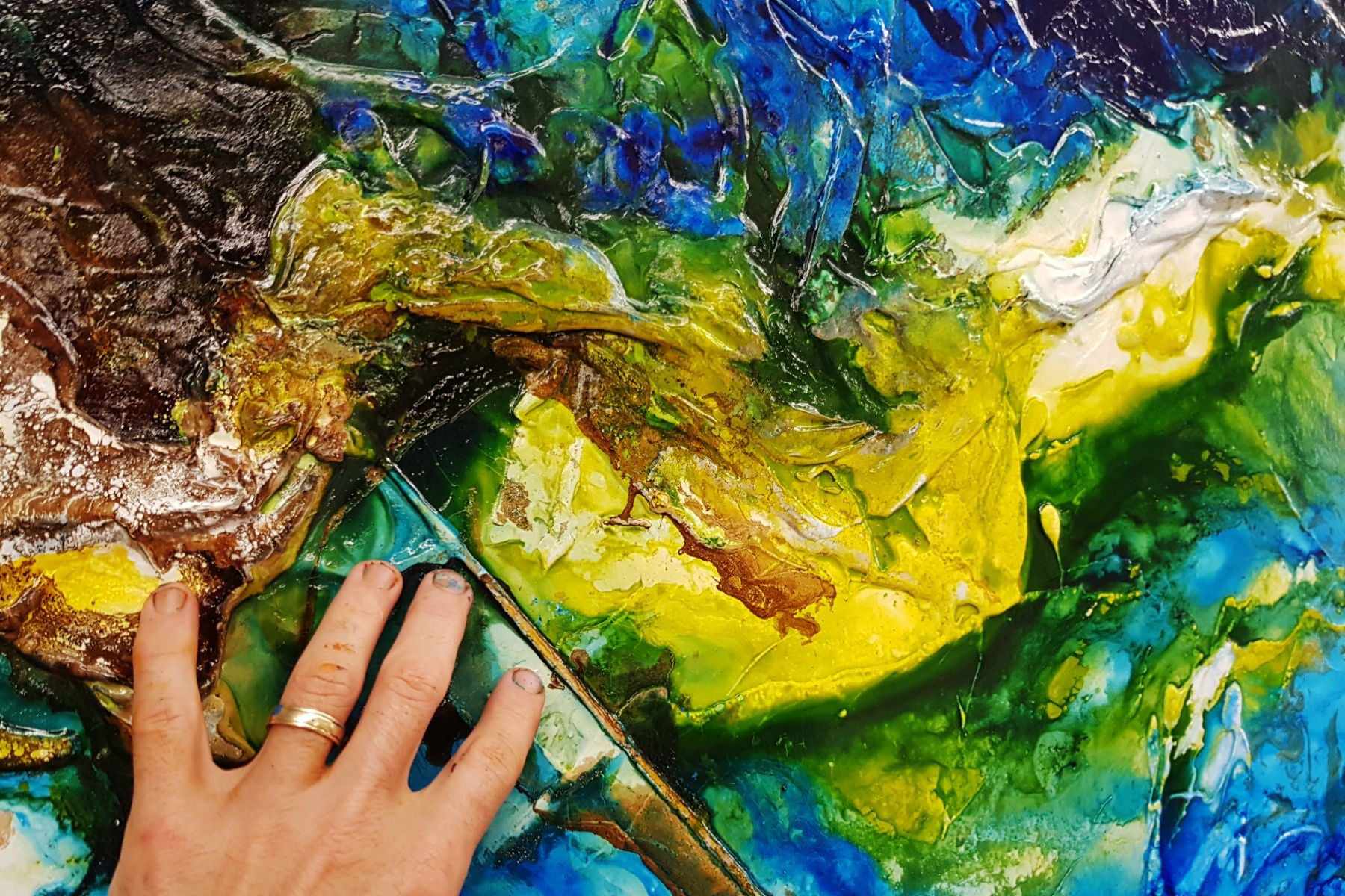 Natures Wealth 240cm x 100cm Blue Green Textured Abstract Painting (SOLD)