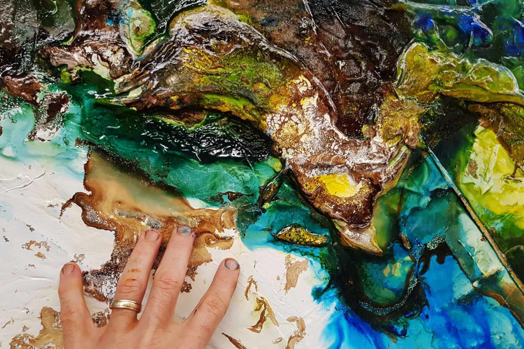 Natures Wealth 240cm x 100cm Blue Green Textured Abstract Painting (SOLD)
