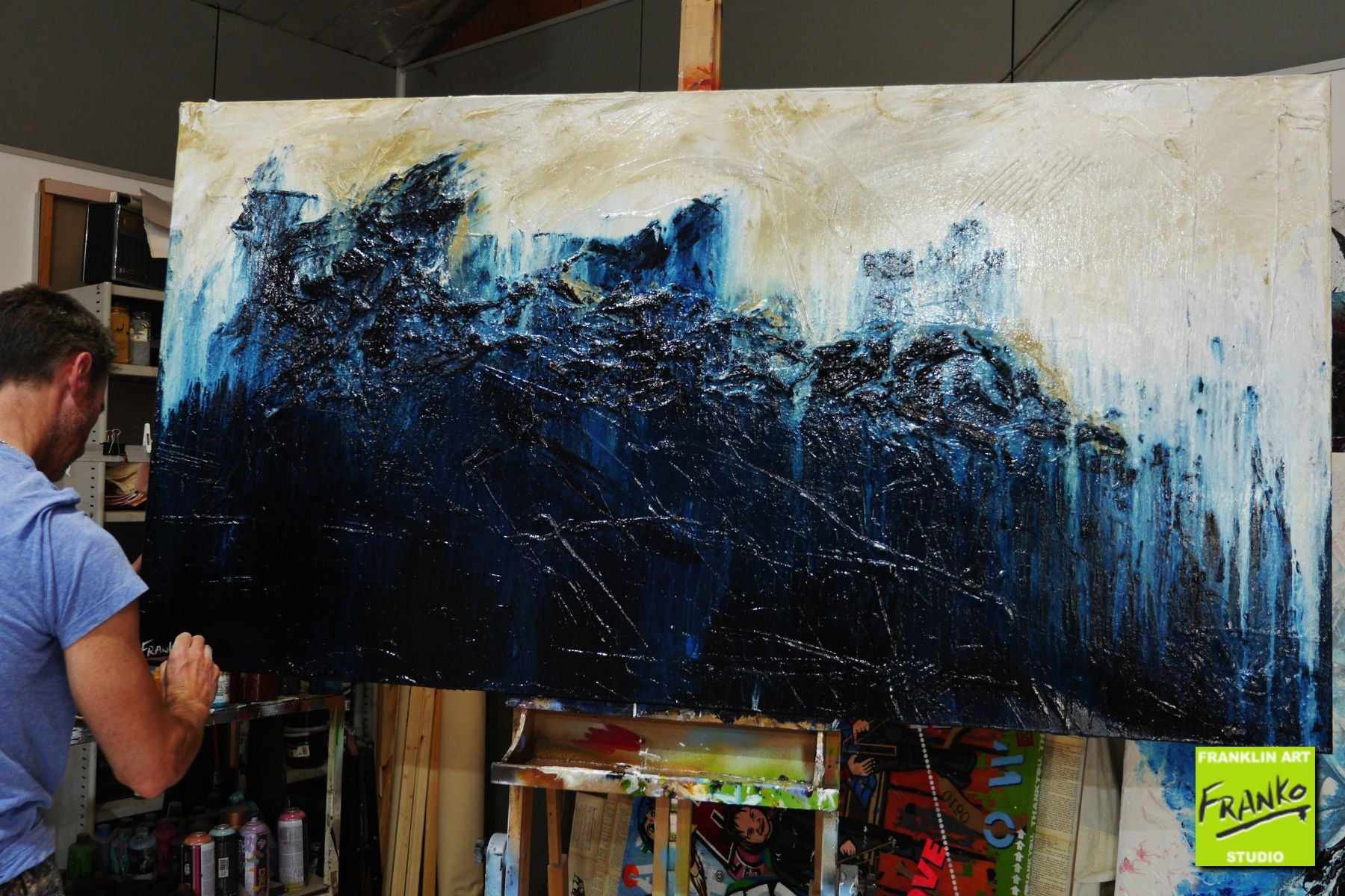 Navy After Glow 190cm x 100cm Blue Cream Textured Abstract Painting (SOLD)-Abstract-[Franko_Artist]-[The_Block]-[Dream_Homes]-[ideas]- [Grand_Designs]-Franklin Art Studio