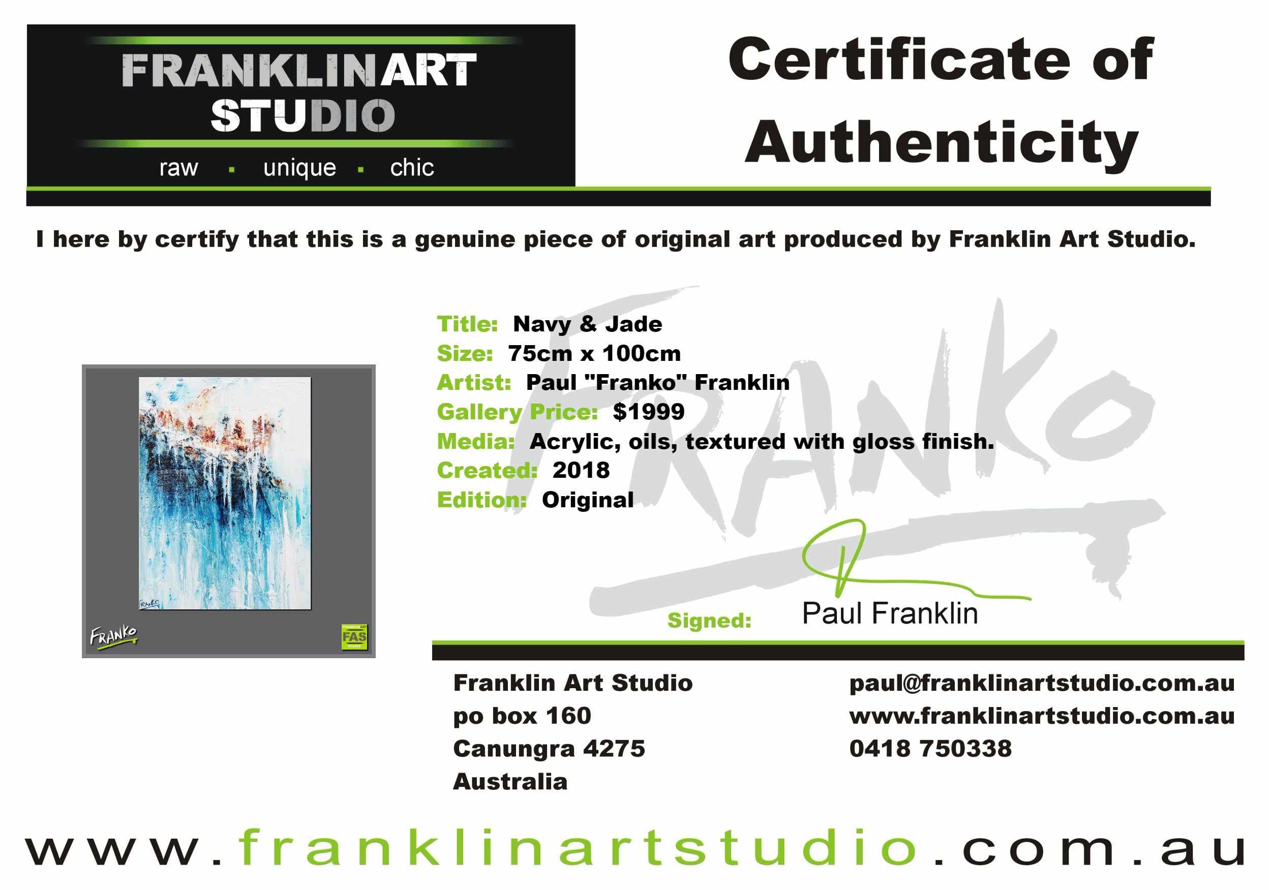 Navy & Jade 75cm x 100cm Blue White Brown Abstract Painting (SOLD)-Abstract-[Franko_Artist]-[The_Block]-[Dream_Homes]-[ideas]-[Grand_Designs]-[Art_Lover]-Franklin Art Studio