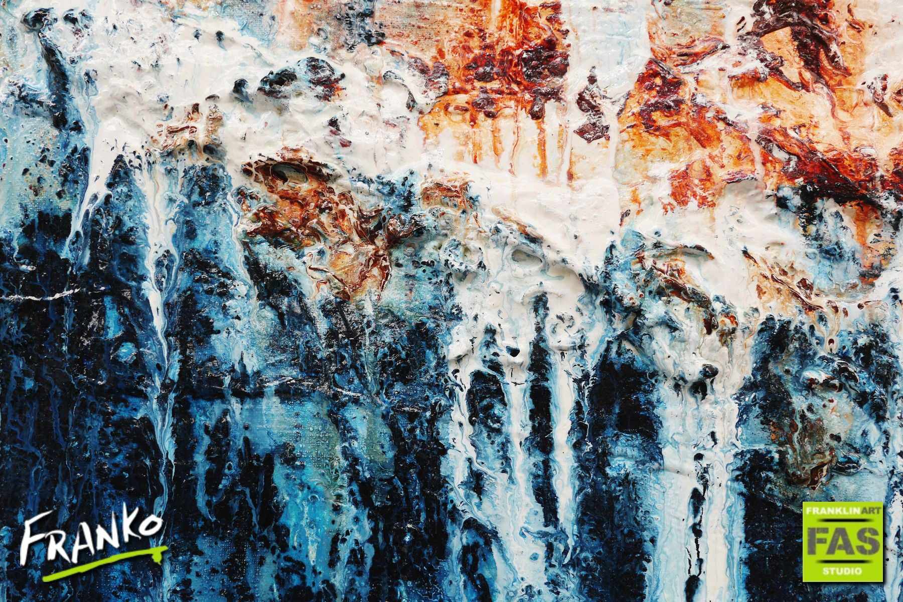 Navy & Jade 75cm x 100cm Blue White Brown Abstract Painting  (SOLD)
