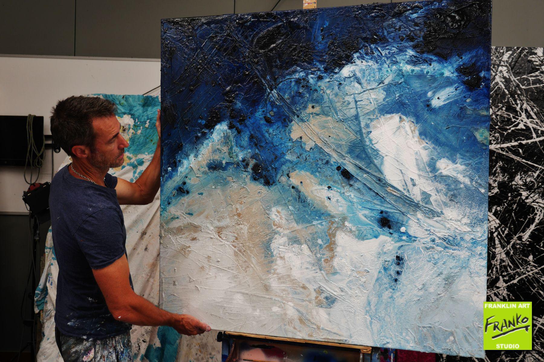 Navy Silk 120cm x 120cm White Cream Blue Textured Abstract Painting (SOLD)-Abstract-[Franko_Artist]-[The_Block]-[Dream_Homes]-[ideas]- [Grand_Designs]-Franklin Art Studio
