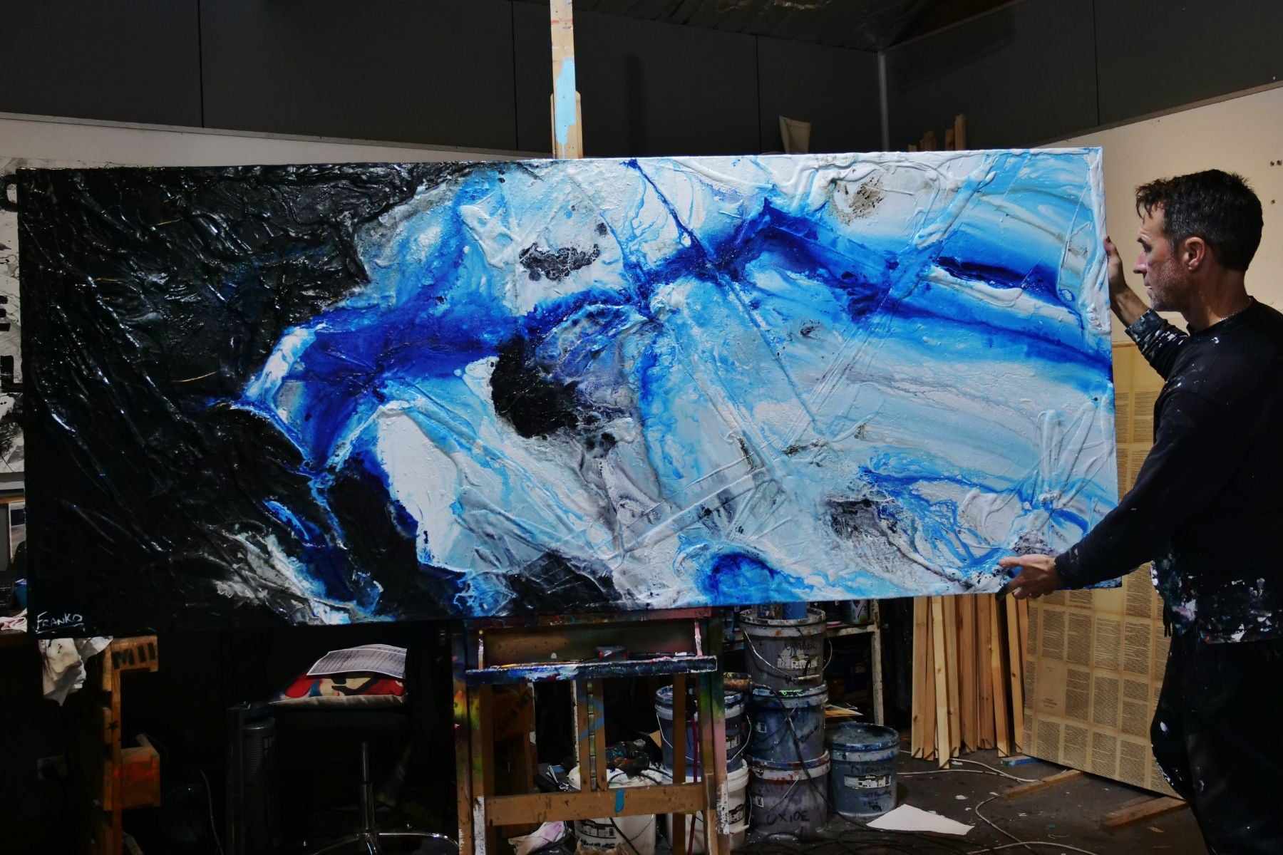 Nomadic Blue 240cm x 100cm Black Blue Textured Abstract Painting (SOLD)-Abstract-[Franko_Artist]-[The_Block]-[Dream_Homes]-[ideas]- [Grand_Designs]-Franklin Art Studio