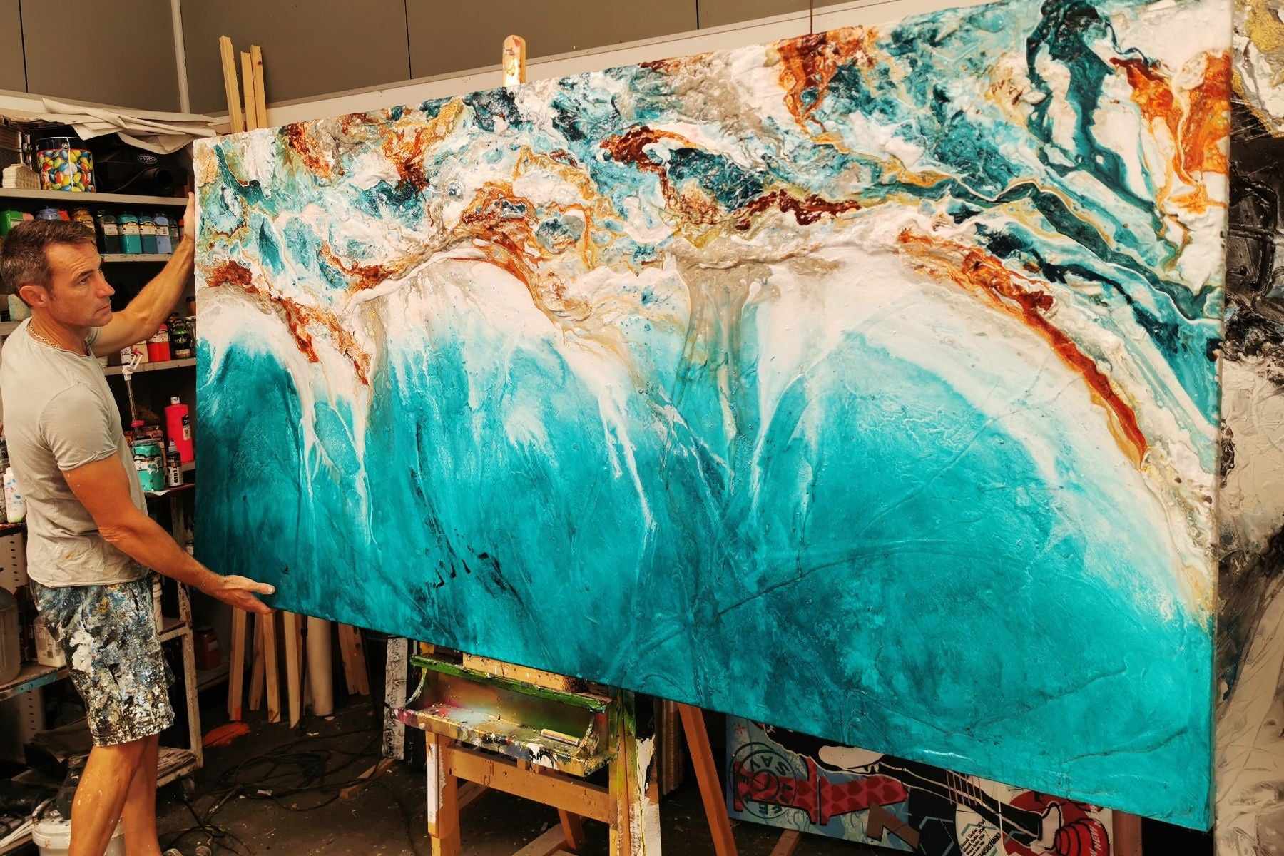 Ocean Surf Mist 240cm x 120cm Turquoise Rust White Textured Abstract Painting (SOLD)-Abstract-[Franko_Artist]-[The_Block]-[Dream_Homes]-[ideas]- [Grand_Designs]-Franklin Art Studio