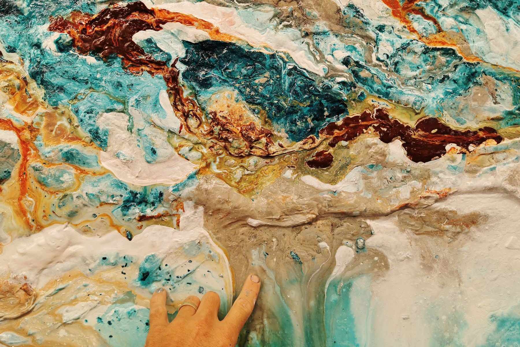 Ocean Surf Mist 240cm x 120cm Turquoise Rust White Textured Abstract Painting (SOLD)