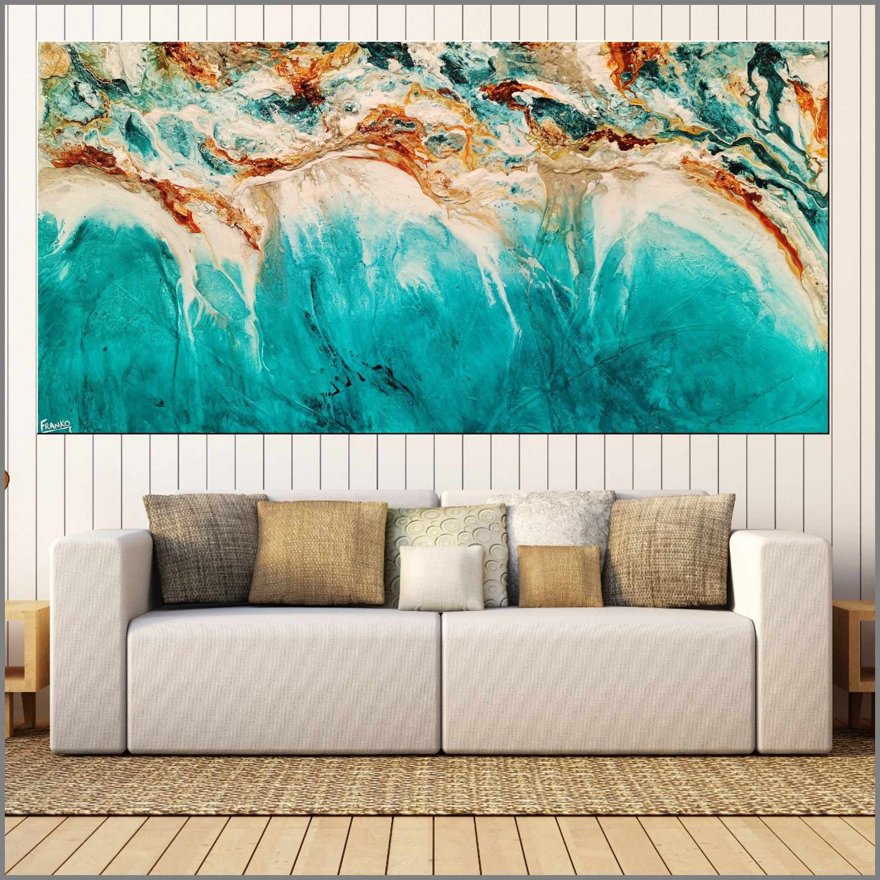 Ocean Surf Mist 240cm x 120cm Turquoise Rust White Textured Abstract Painting (SOLD)-Abstract-[Franko_Artist]-[Australian_artist]-[Gold_Coast]-[Brisbane]-[modern]-[contemporary]-[original]-[Large_artwork]-[The_Block]-[Dream_Homes]-[ideas]-[Grand_Designs]-[Art_Lover]-Franklin Art Studio
