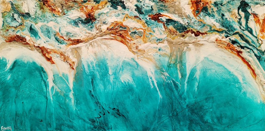 Ocean Surf Mist 240cm x 120cm Turquoise Rust White Textured Abstract Painting (SOLD)-Abstract-[Franko_Artist]-[Australian_artist]-[Gold_Coast]-[Brisbane]-[modern]-[contemporary]-[original]-[Large_artwork]-Franklin Art Studio