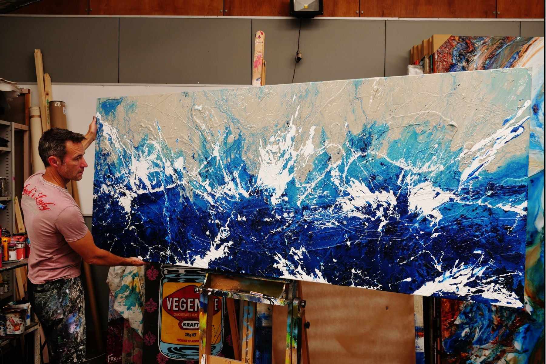 Oceanic Blue 240cm x 100cm Cream Blue Textured Abstract Painting (SOLD)-Abstract-[Franko_Artist]-[The_Block]-[Dream_Homes]-[ideas]- [Grand_Designs]-Franklin Art Studio