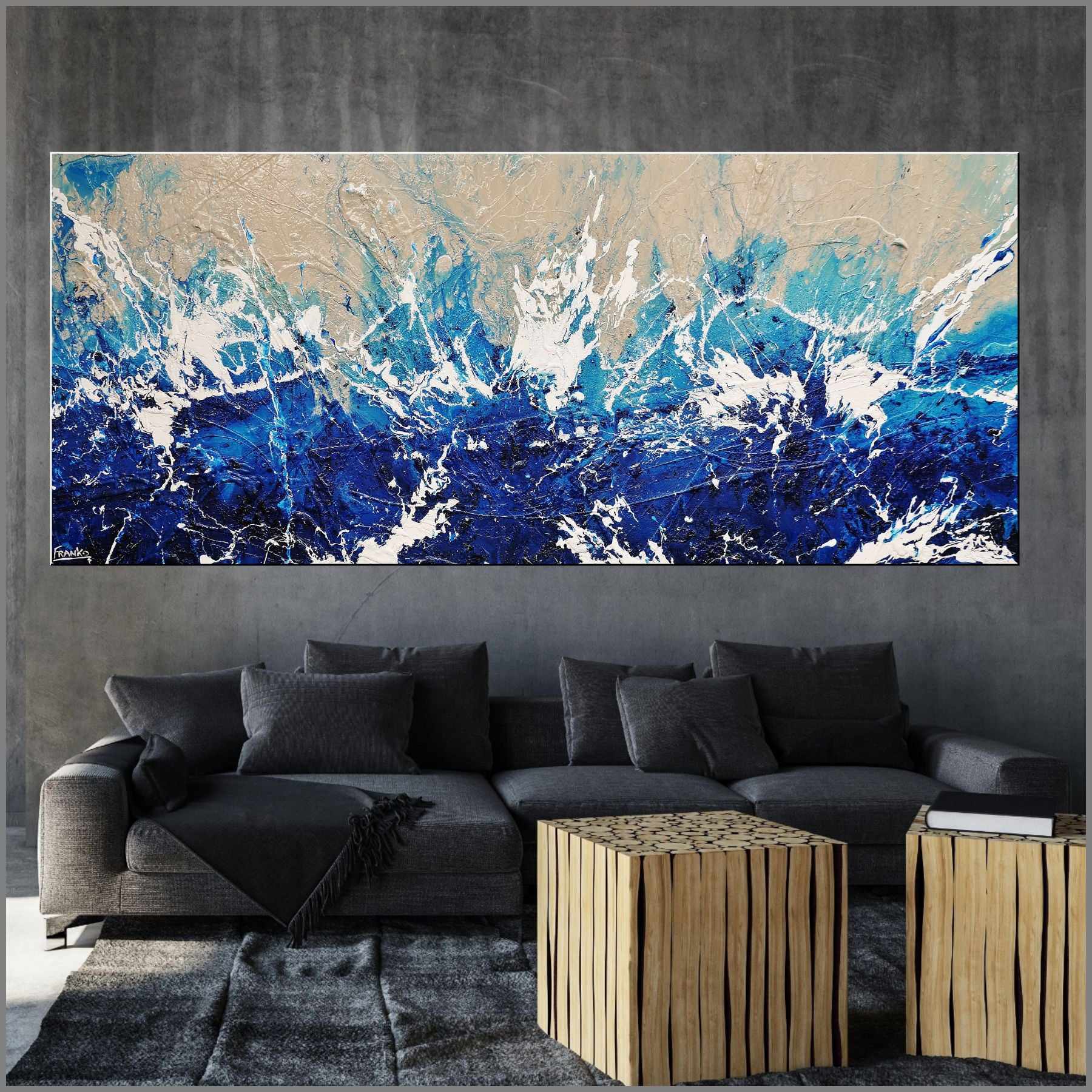 Oceanic Blue 240cm x 100cm Cream Blue Textured Abstract Painting (SOLD)-Abstract-[Franko_Artist]-[Australian_artist]-[Gold_Coast]-[Brisbane]-[modern]-[contemporary]-[original]-[Large_artwork]-[The_Block]-[Dream_Homes]-[ideas]-[Grand_Designs]-[Art_Lover]-Franklin Art Studio