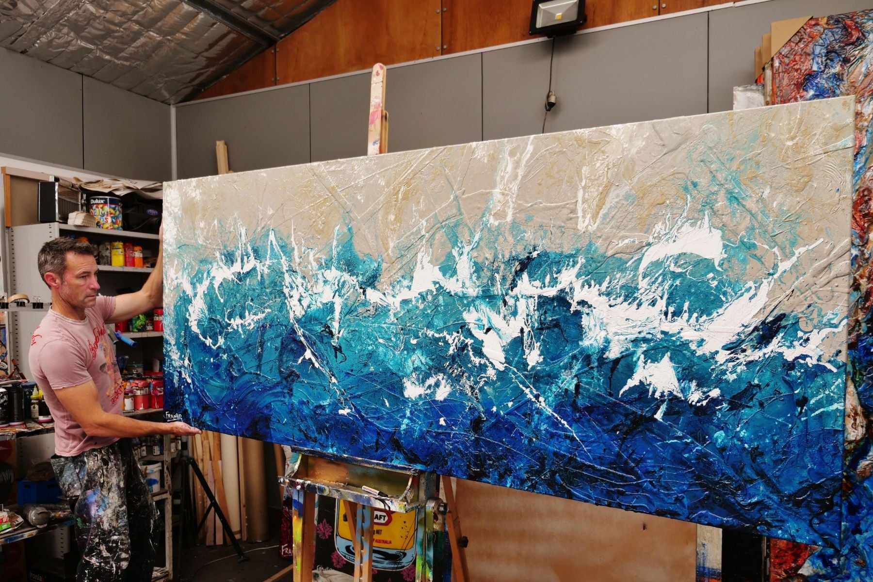 Oceanic Grace 240cm x 100cm Cream Turquoise Textured Abstract Painting (SOLD)-Abstract-[Franko_Artist]-[The_Block]-[Dream_Homes]-[ideas]-[Grand_Designs]-[Art_Lover]-Franklin Art Studio