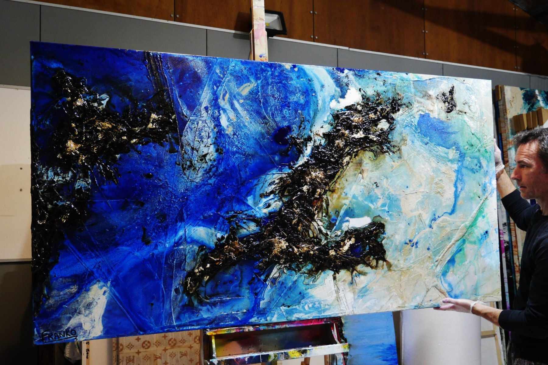 Oceanic Straits 190cm x 100cm Blue White Textured Abstract Painting (SOLD)-Abstract-[Franko_Artist]-[The_Block]-[Dream_Homes]-[ideas]- [Grand_Designs]-Franklin Art Studio