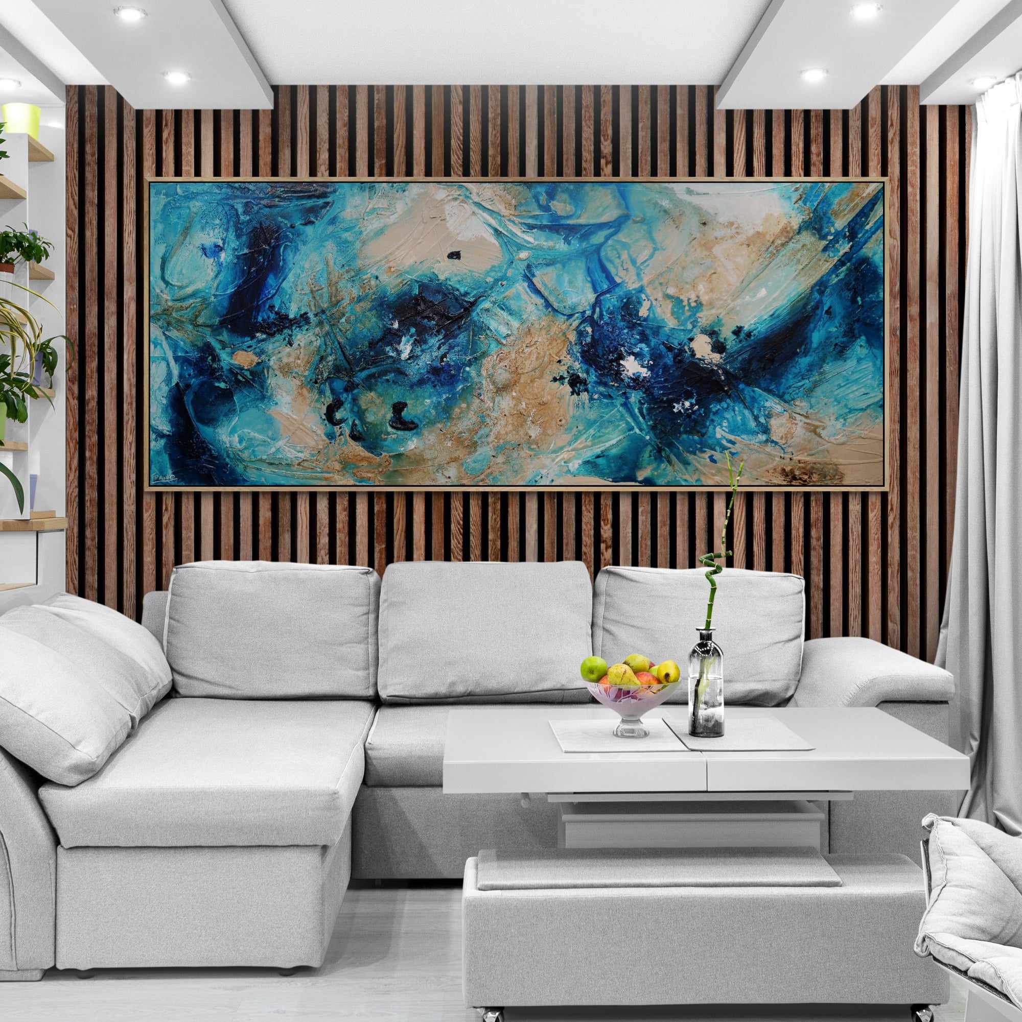Oceans 240cm x 100cm Teal Cream Textured Abstract Painting (SOLD)-Abstract-[Franko_Artist]-[The_Block]-[Dream_Homes]-[ideas]- [Grand_Designs]-Franklin Art Studio