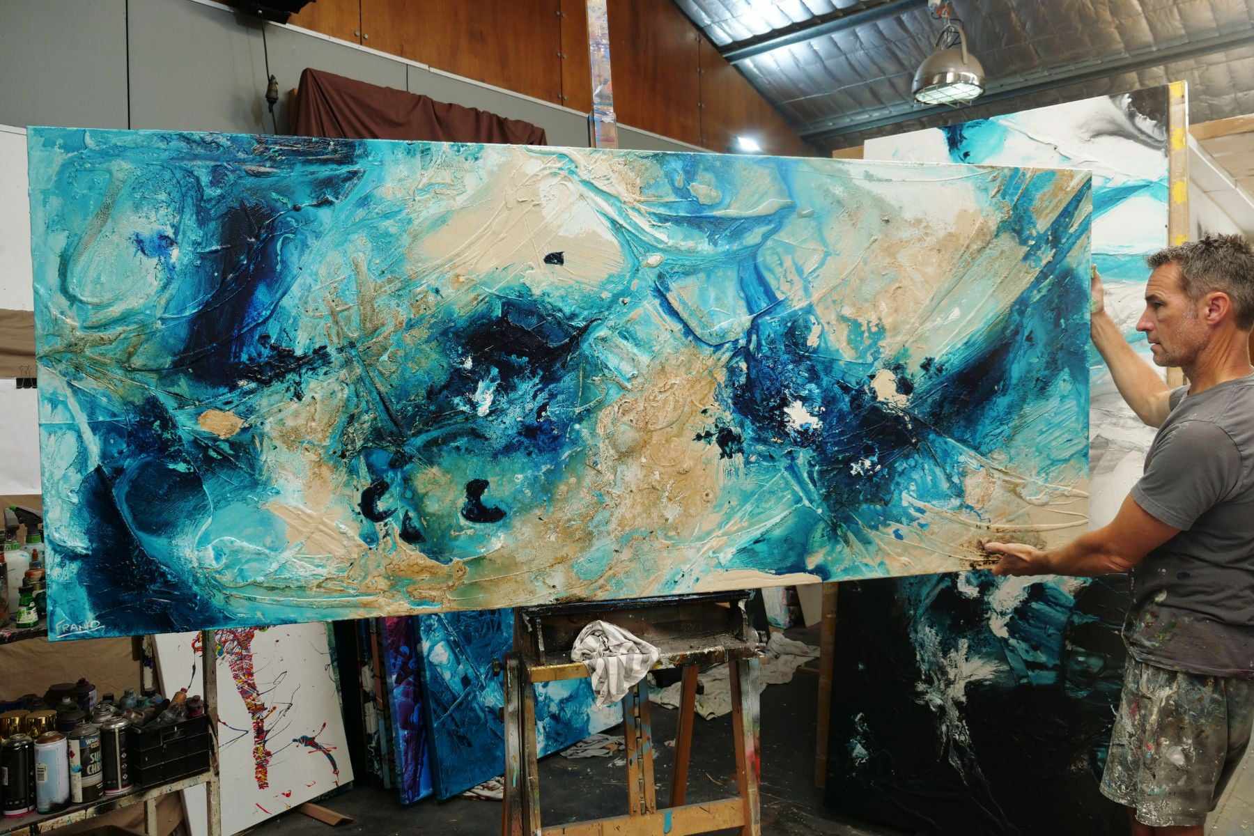 Oceans 240cm x 100cm Teal Cream Textured Abstract Painting (SOLD)-Abstract-[Franko_Artist]-[The_Block]-[Dream_Homes]-[ideas]-[Grand_Designs]-[Art_Lover]-Franklin Art Studio