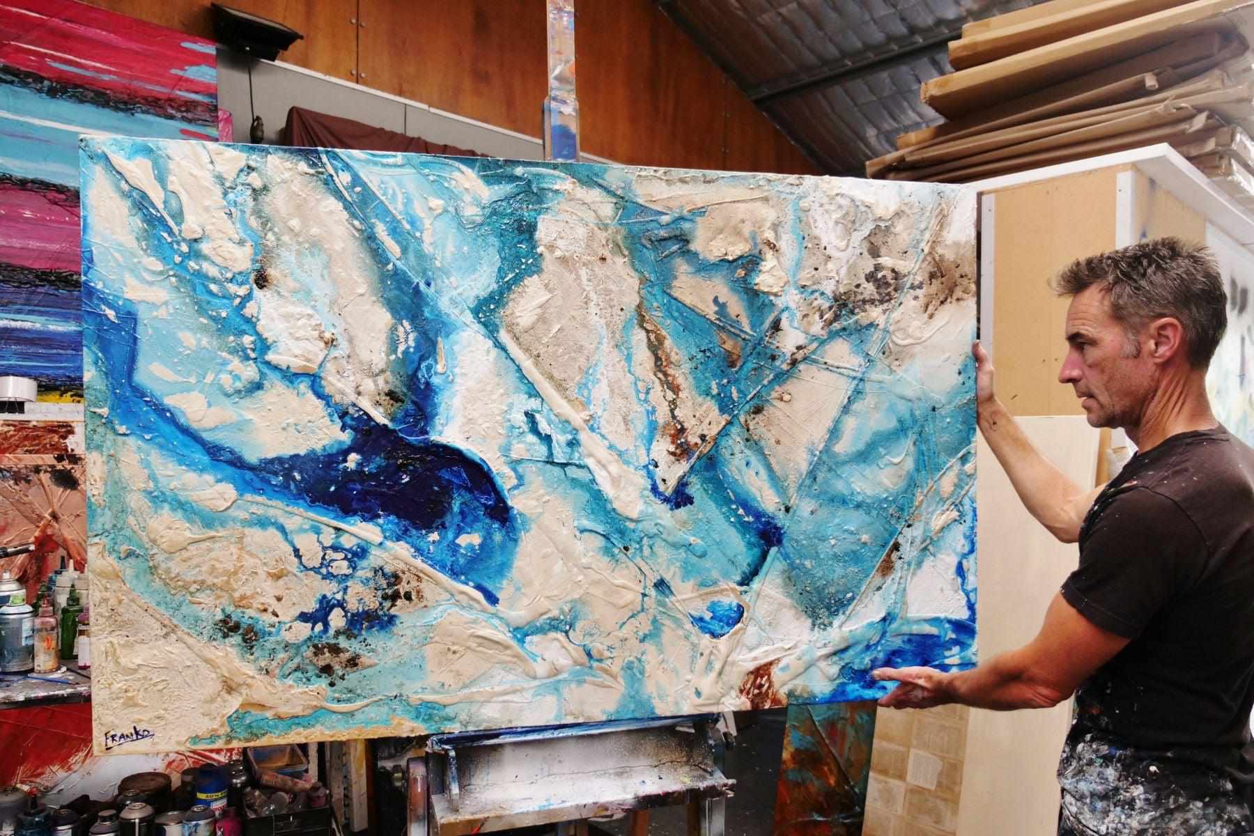 Oceans Deep 160cm x 100cm Cream Blue Textured Abstract Painting (SOLD)-Abstract-[Franko_Artist]-[The_Block]-[Dream_Homes]-[ideas]- [Grand_Designs]-Franklin Art Studio