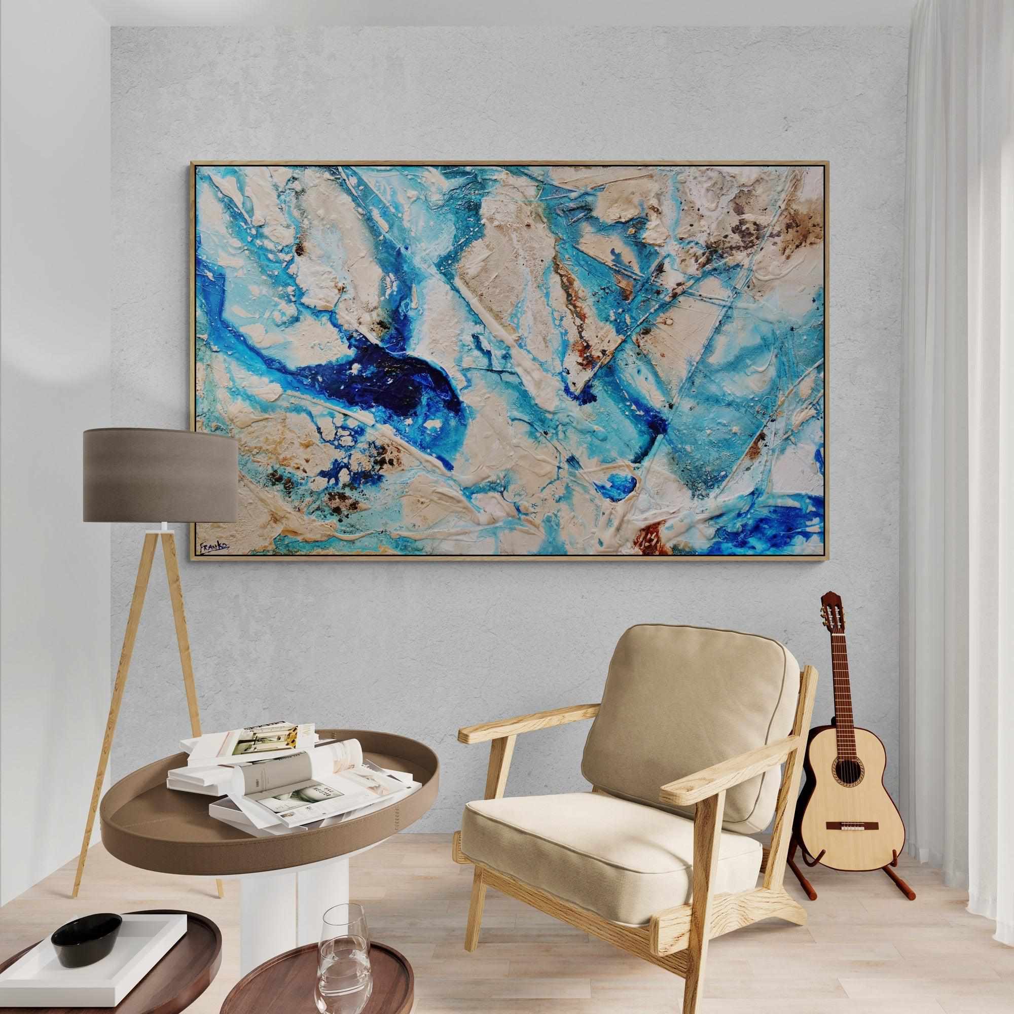 Oceans Deep 160cm x 100cm Cream Blue Textured Abstract Painting (SOLD)-Abstract-[Franko_Artist]-[The_Block]-[Dream_Homes]-[ideas]-[Grand_Designs]-[Art_Lover]-Franklin Art Studio