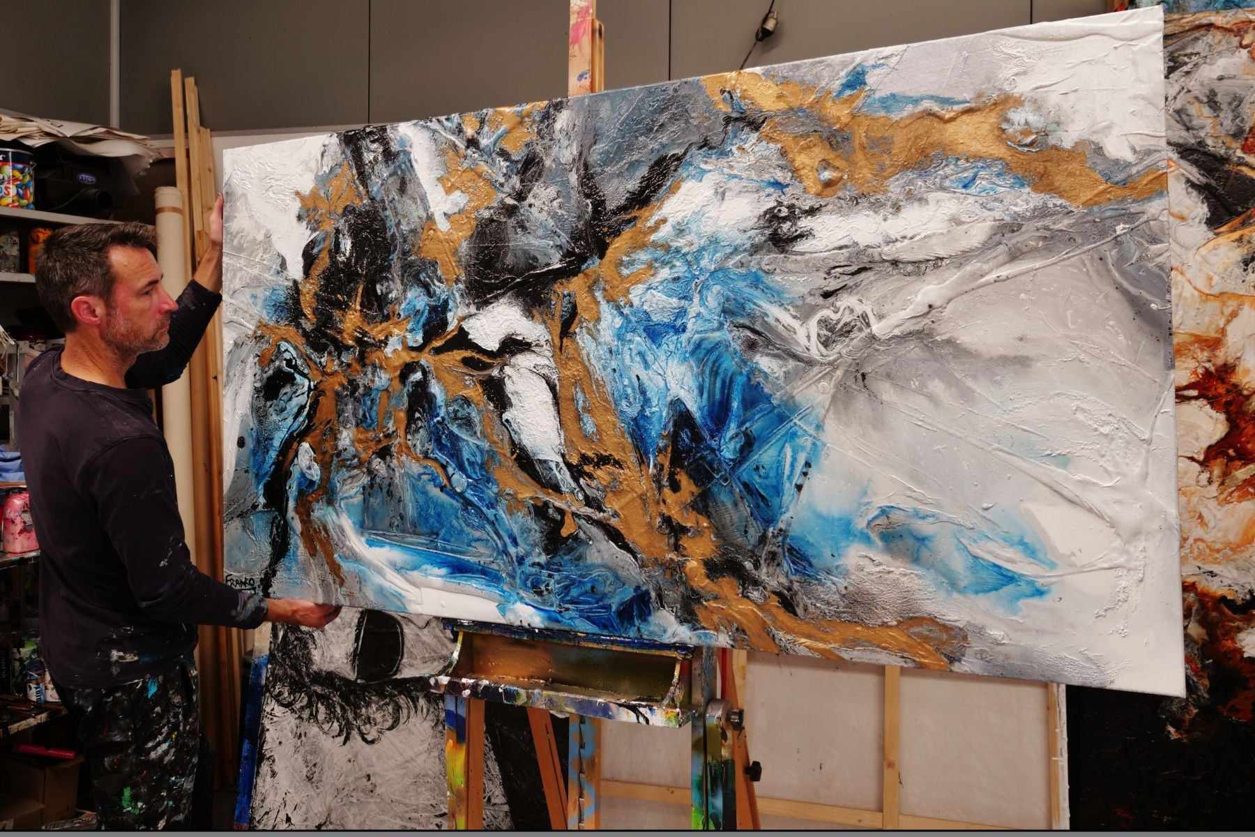 Oceans Jewel 190cm x 100cm Blue Gold Grey Textured Abstract Painting (SOLD)-Abstract-[Franko_Artist]-[The_Block]-[Dream_Homes]-[ideas]- [Grand_Designs]-Franklin Art Studio