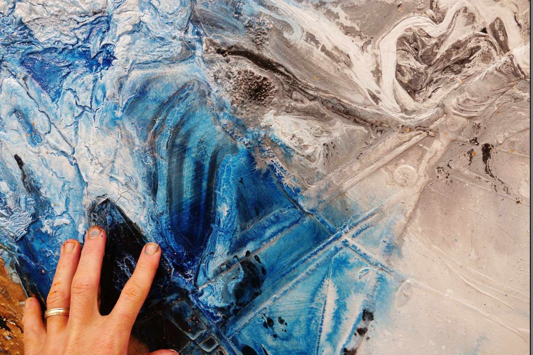Oceans Jewel 190cm x 100cm Blue Gold Grey Textured Abstract Painting (SOLD)