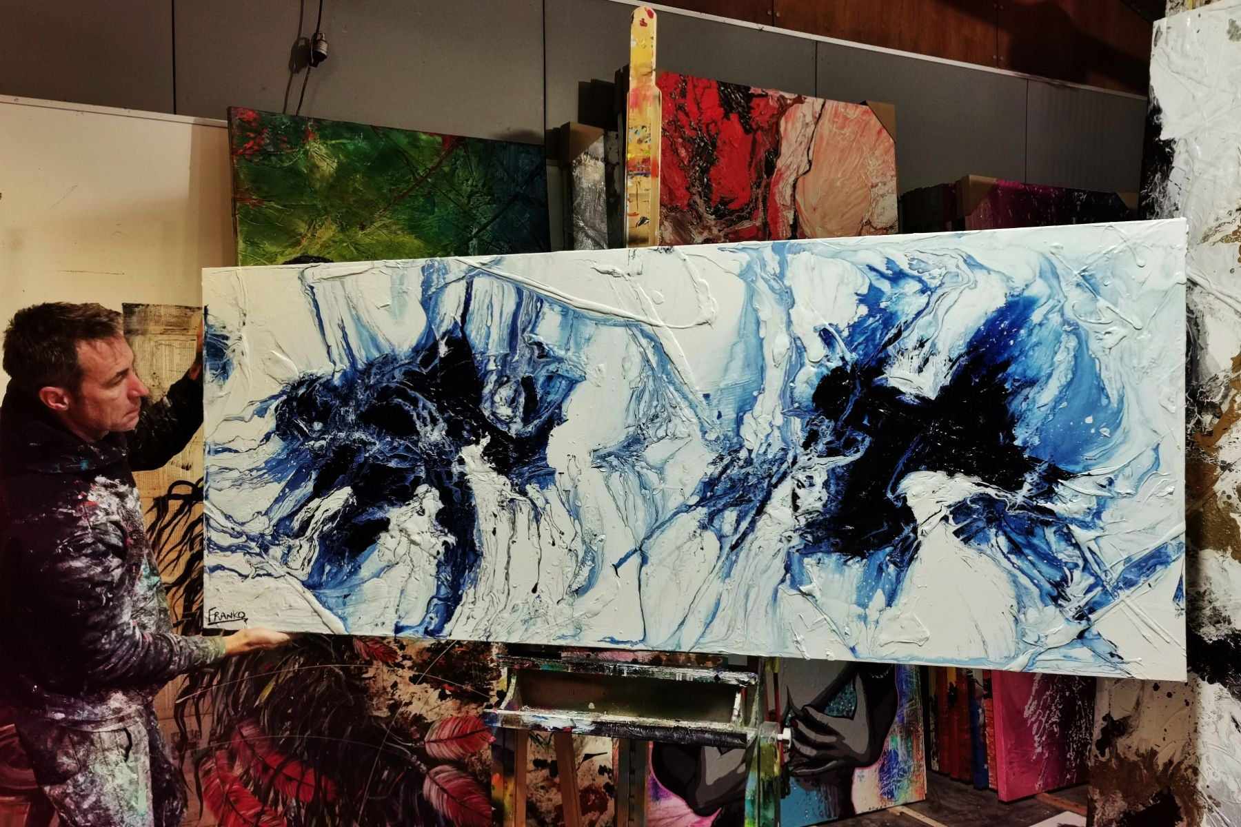 Opposing Midnights 200cm x 80cm Blue White Textured Abstract Painting (SOLD)-Abstract-[Franko_Artist]-[The_Block]-[Dream_Homes]-[ideas]- [Grand_Designs]-Franklin Art Studio