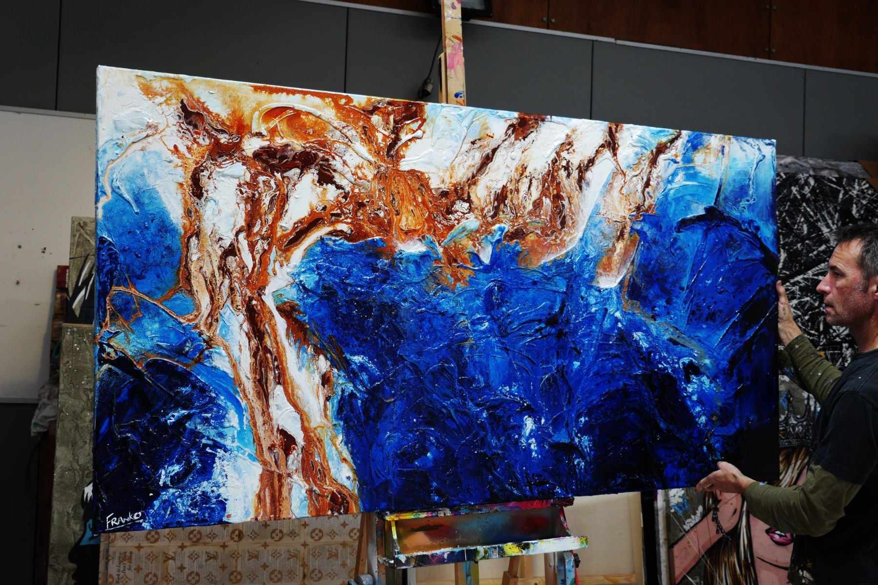 Opulent Blu 190cm x 100cm Blue White Brown Textured Abstract Painting (SOLD)-Abstract-[Franko_Artist]-[The_Block]-[Dream_Homes]-[ideas]- [Grand_Designs]-Franklin Art Studio