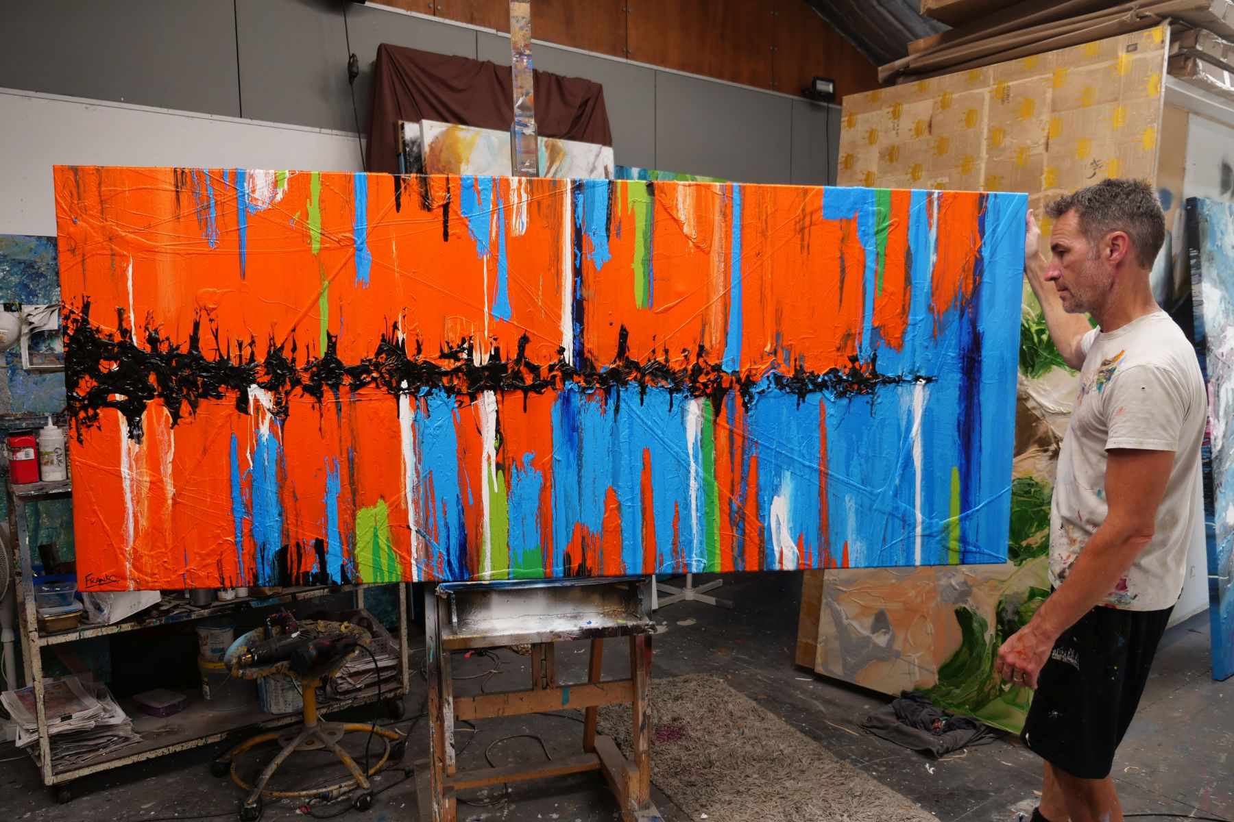 Orange Boulevard 240cm x 100cm Orange Blue Textured Abstract Painting (SOLD)-Abstract-[Franko_Artist]-[The_Block]-[Dream_Homes]-[ideas]- [Grand_Designs]-Franklin Art Studio