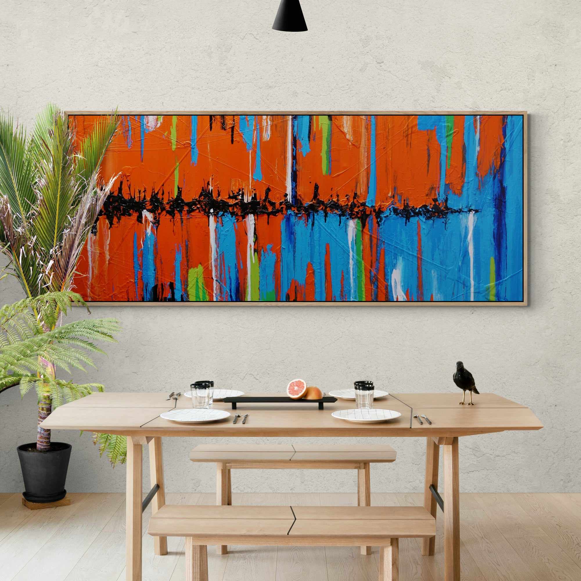 Orange Boulevard 240cm x 100cm Orange Blue Textured Abstract Painting (SOLD)-Abstract-[Franko_Artist]-[The_Block]-[Dream_Homes]-[ideas]-[Grand_Designs]-[Art_Lover]-Franklin Art Studio