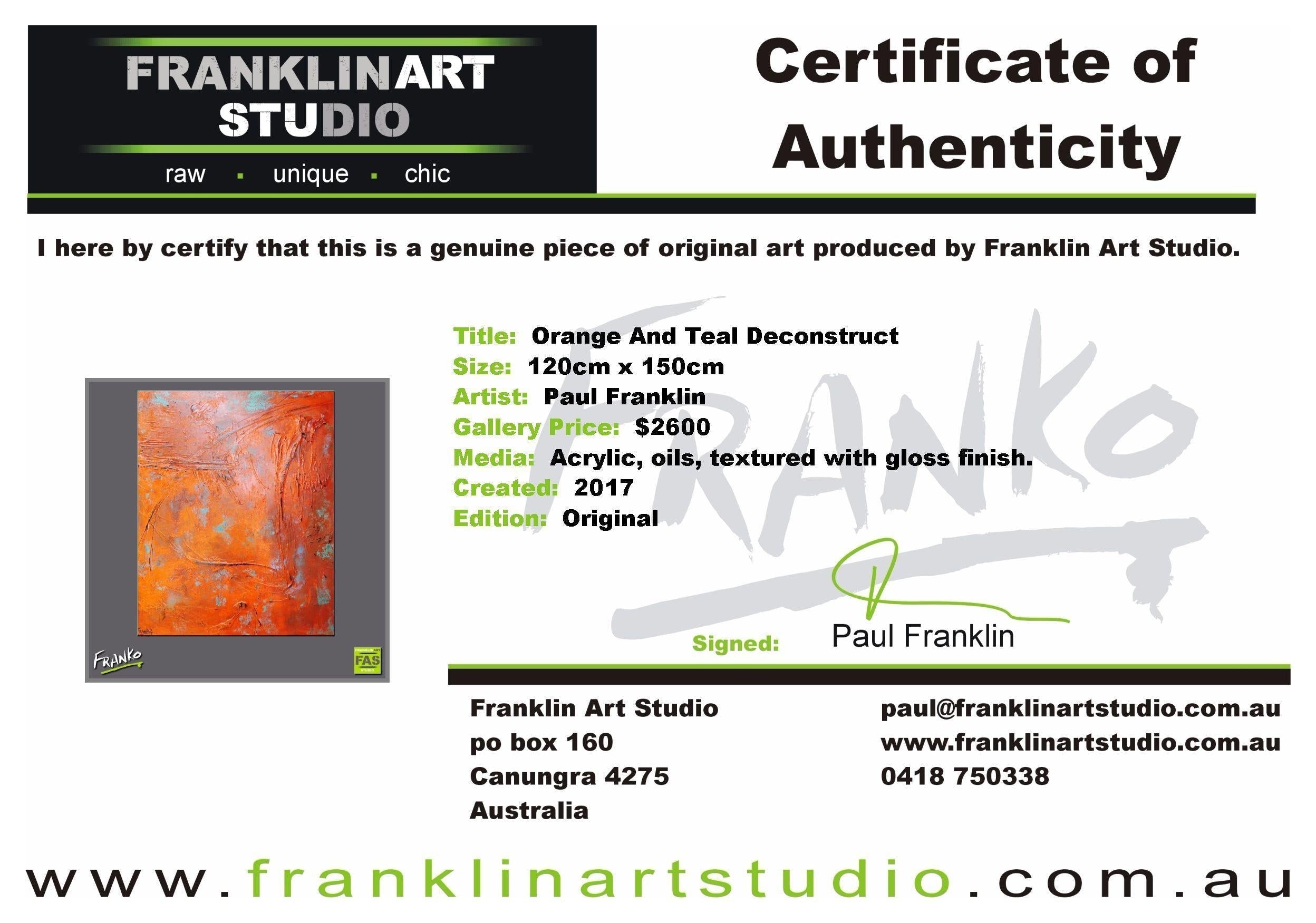 Orange and Teal Deconstruct 120cm x 150cm Orange Abstract Painting (SOLD)-abstract-[Franko_Artist]-[The_Block]-[Dream_Homes]-[ideas]-[Grand_Designs]-[Art_Lover]-Franklin Art Studio
