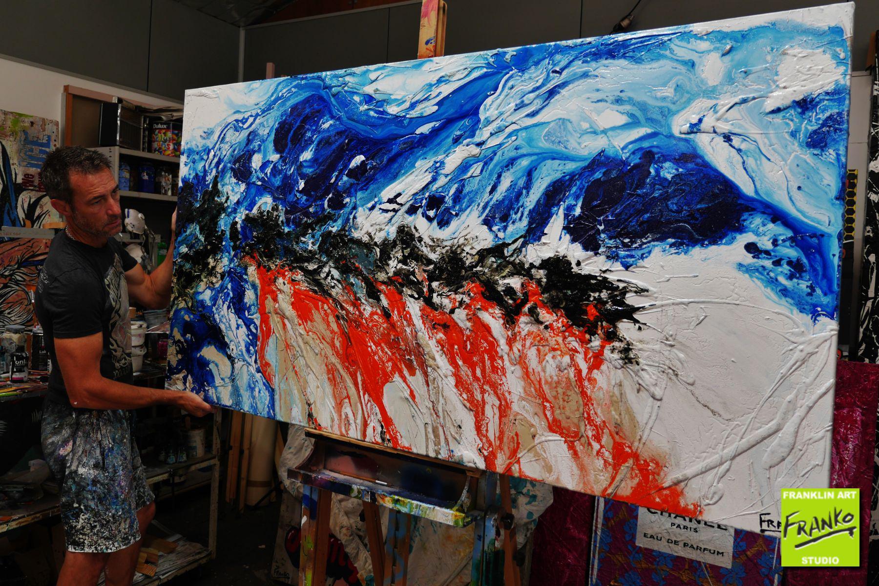 Orangey Blue 190cm x 100cm Blue Orange White Textured Abstract Painting (SOLD)-Abstract-[Franko_Artist]-[The_Block]-[Dream_Homes]-[ideas]- [Grand_Designs]-Franklin Art Studio