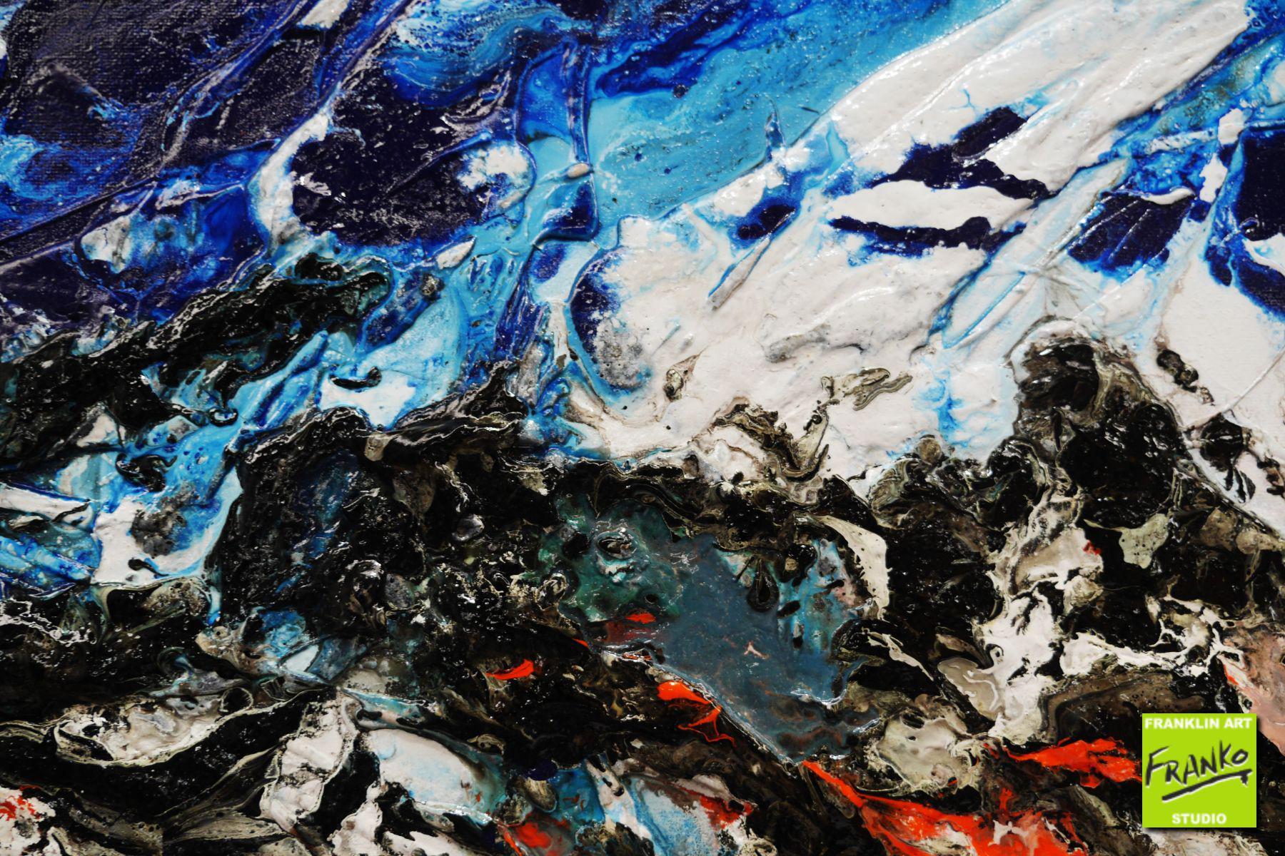 Orangey Blue 190cm x 100cm Blue Orange White Textured Abstract Painting (SOLD)