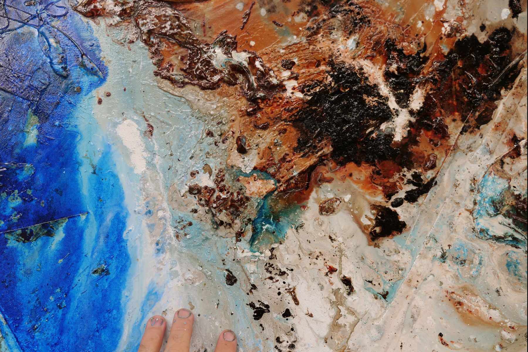 Outback Adventure 140cm x 100cm Blue Black White Rust Textured Abstract Painting (SOLD)-Abstract-[Franko]-[Artist]-[Australia]-[Painting]-Franklin Art Studio