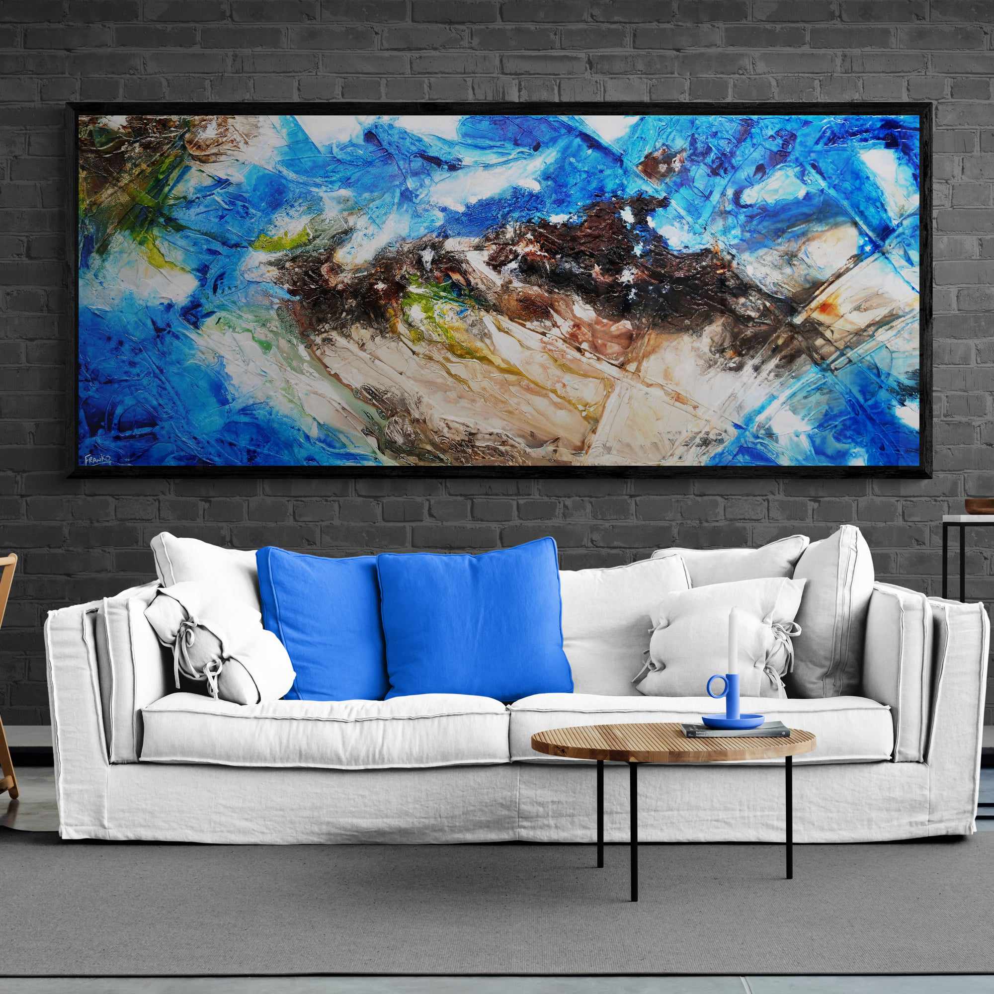 Outback Aquatic 240cm x 100cm Blue Brown Textured Abstract Painting (SOLD)-Abstract-[Franko_Artist]-[The_Block]-[Dream_Homes]-[ideas]- [Grand_Designs]-Franklin Art Studio