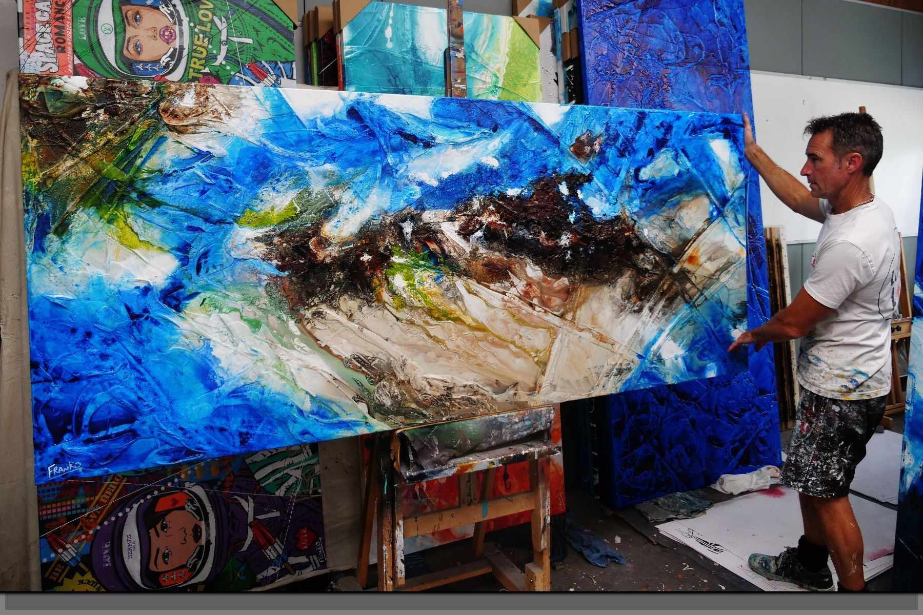 Outback Aquatic 240cm x 100cm Blue Brown Textured Abstract Painting (SOLD)-Abstract-[Franko_Artist]-[The_Block]-[Dream_Homes]-[ideas]-[Grand_Designs]-[Art_Lover]-Franklin Art Studio