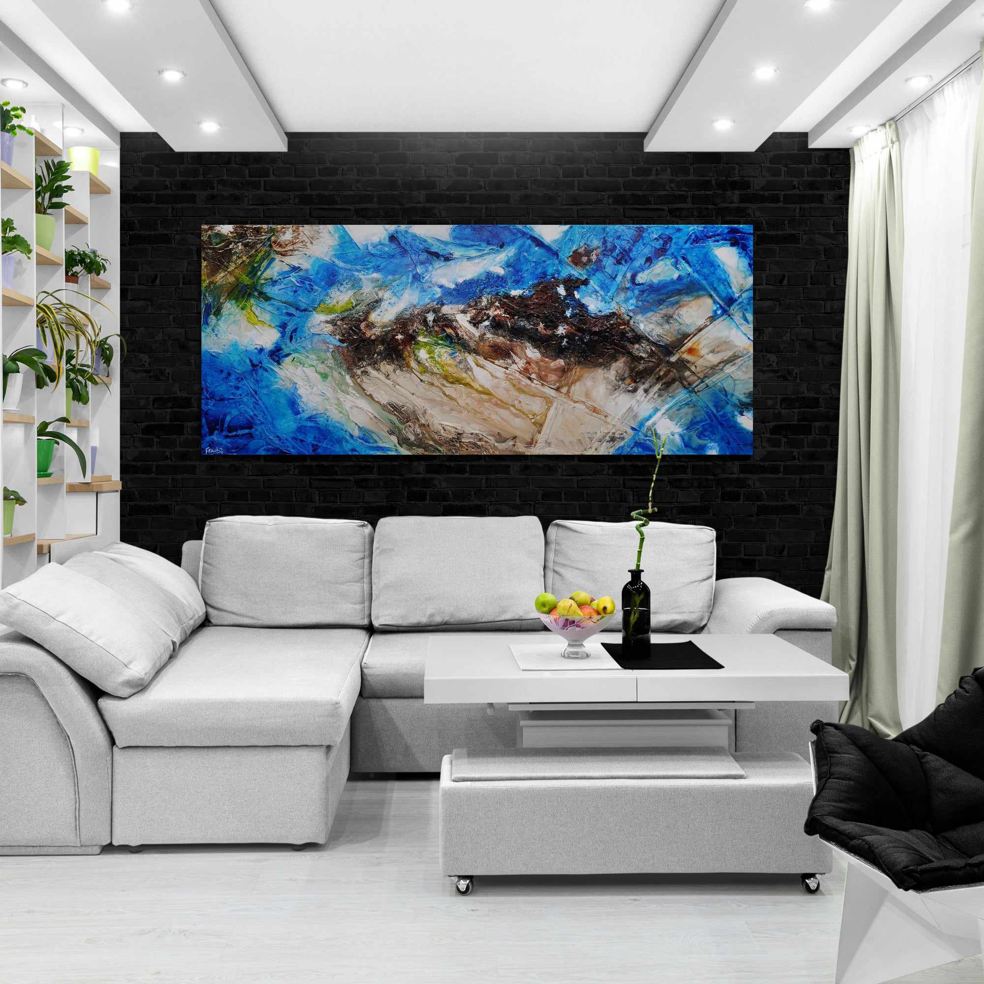 Outback Aquatic 240cm x 100cm Blue Brown Textured Abstract Painting (SOLD)-Abstract-[Franko]-[Artist]-[Australia]-[Painting]-Franklin Art Studio