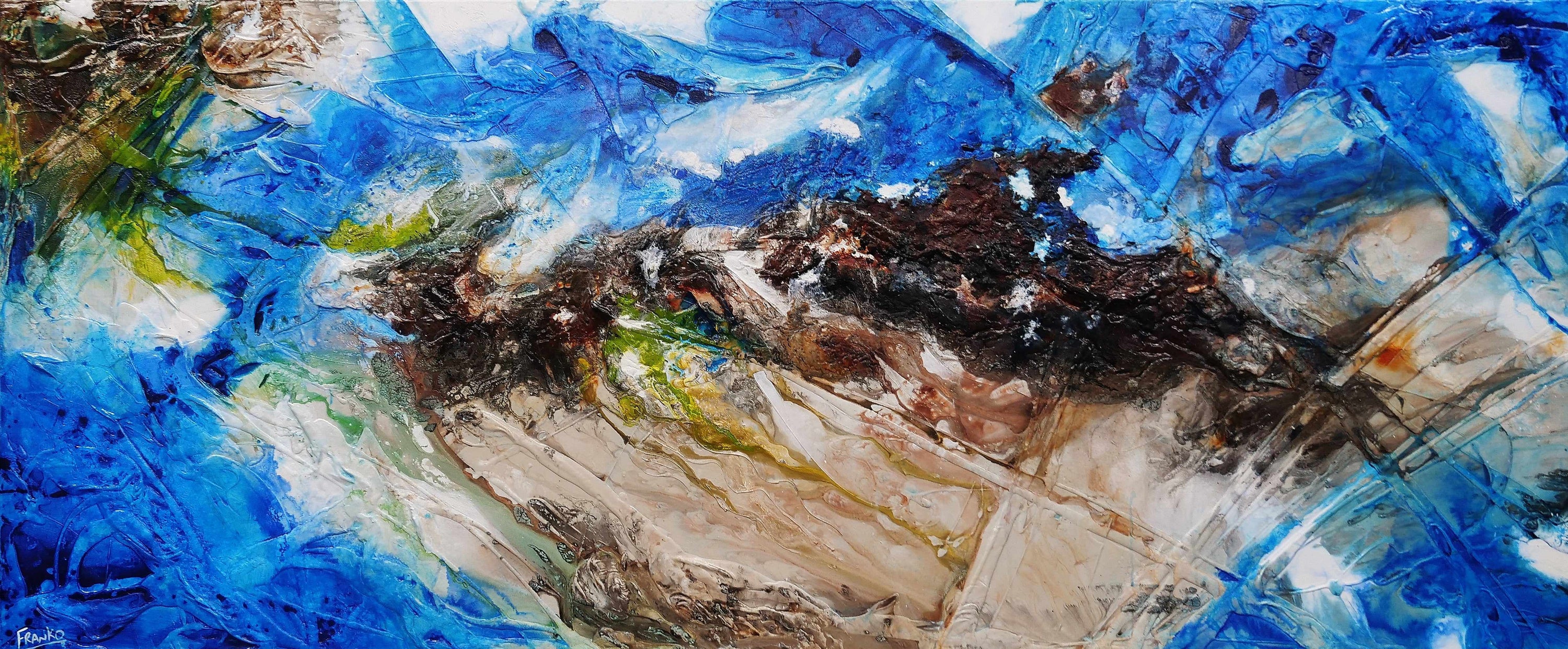 Outback Aquatic 240cm x 100cm Blue Brown Textured Abstract Painting (SOLD)-Abstract-[Franko_Artist]-[Australian_artist]-[Gold_Coast]-[Brisbane]-[modern]-[contemporary]-[original]-[Large_artwork]-Franklin Art Studio