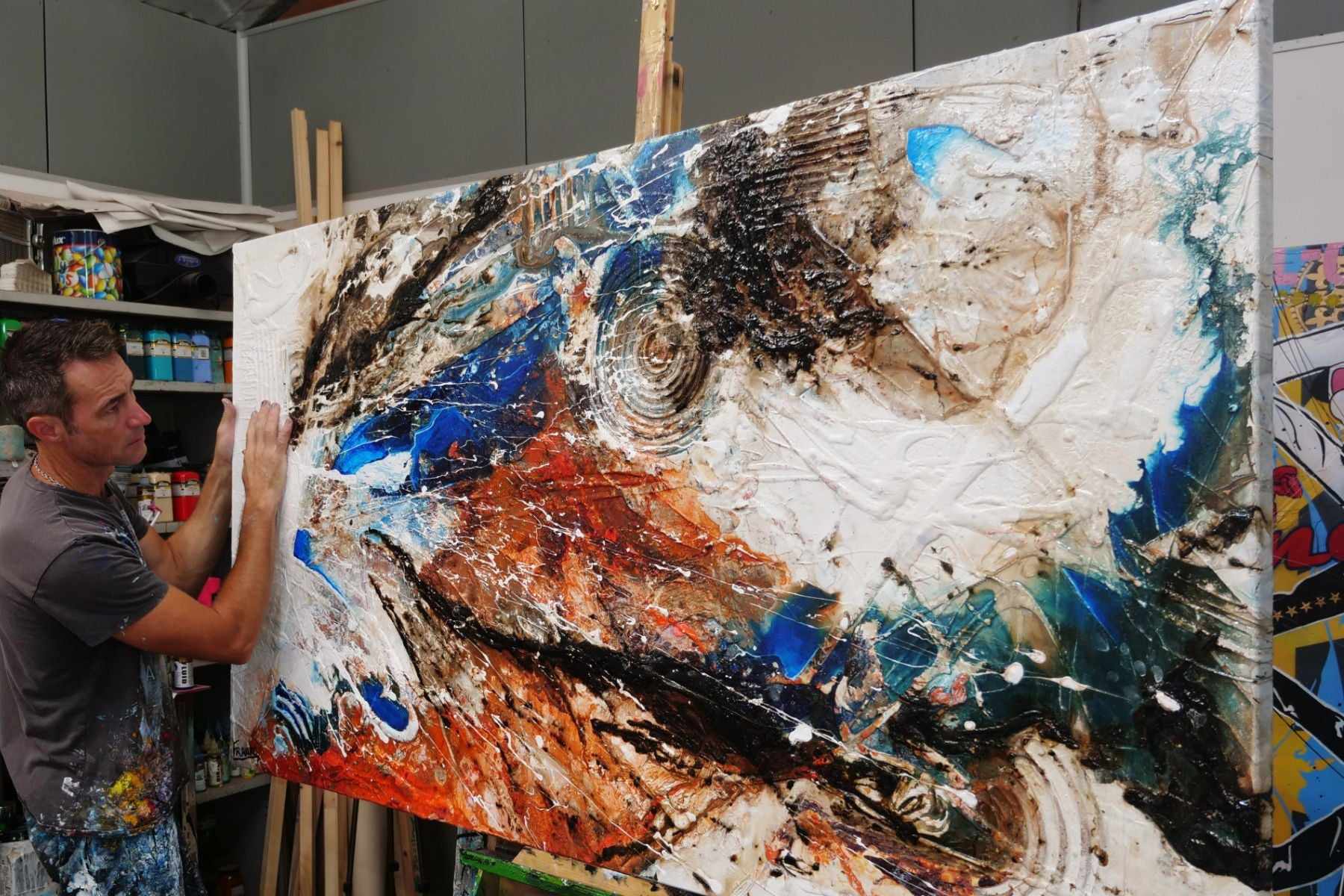 Outback Oasis 190cm x 100cm White Orange Blue Textured Abstract Painting (SOLD)-Abstract-[Franko_Artist]-[The_Block]-[Dream_Homes]-[ideas]- [Grand_Designs]-Franklin Art Studio