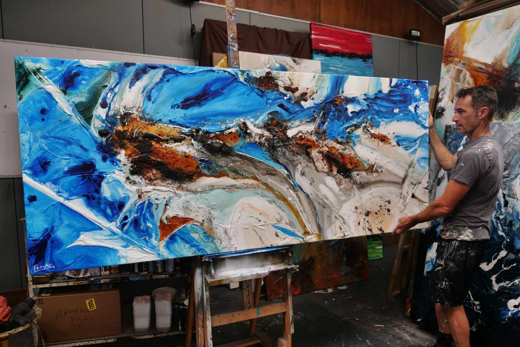 Outback Resonance 240cm x 100cm Blue Cream Textured Abstract Painting (SOLD)-Abstract-[Franko_Artist]-[The_Block]-[Dream_Homes]-[ideas]- [Grand_Designs]-Franklin Art Studio