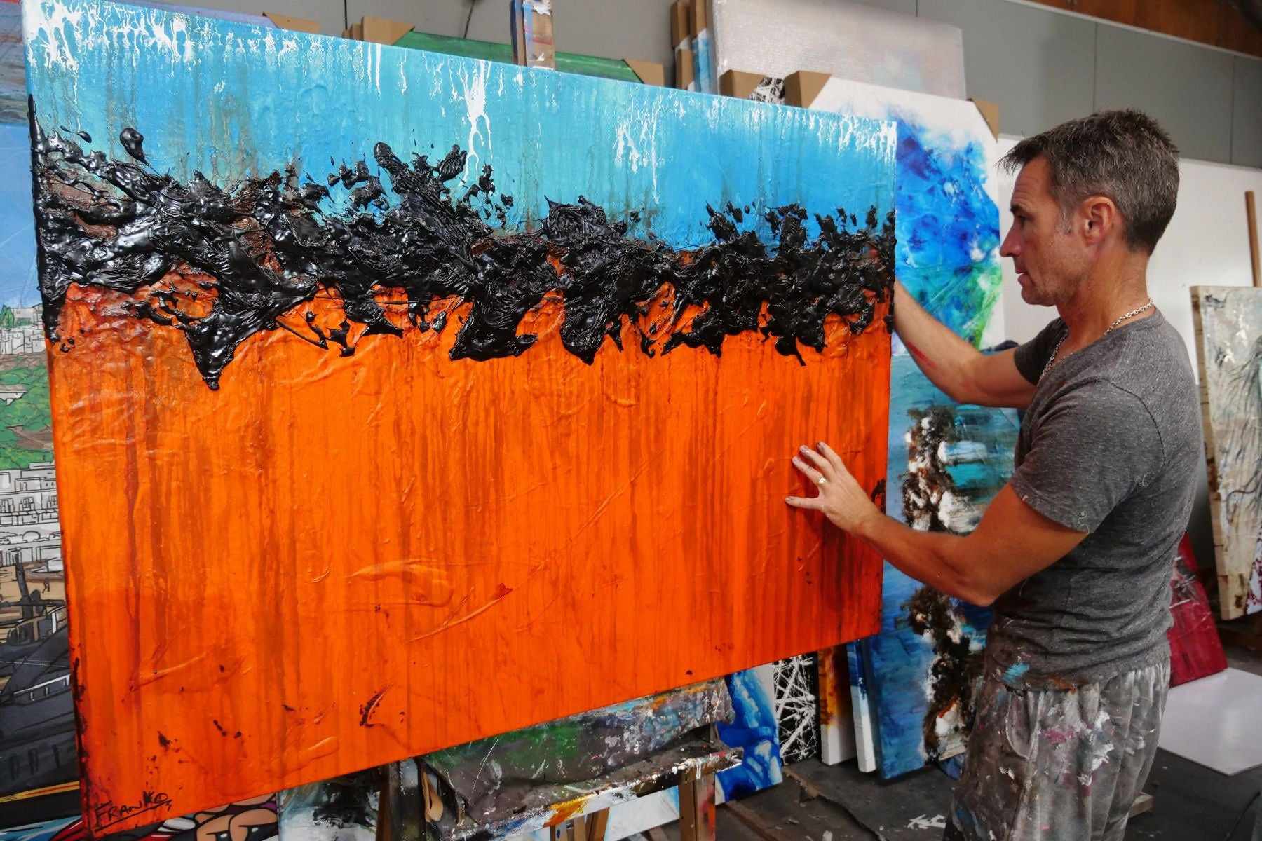 Outback Tango 140cm x 100cm Blue Orange Textured Abstract Painting (SOLD)-Abstract-[Franko_Artist]-[The_Block]-[Dream_Homes]-[ideas]- [Grand_Designs]-Franklin Art Studio